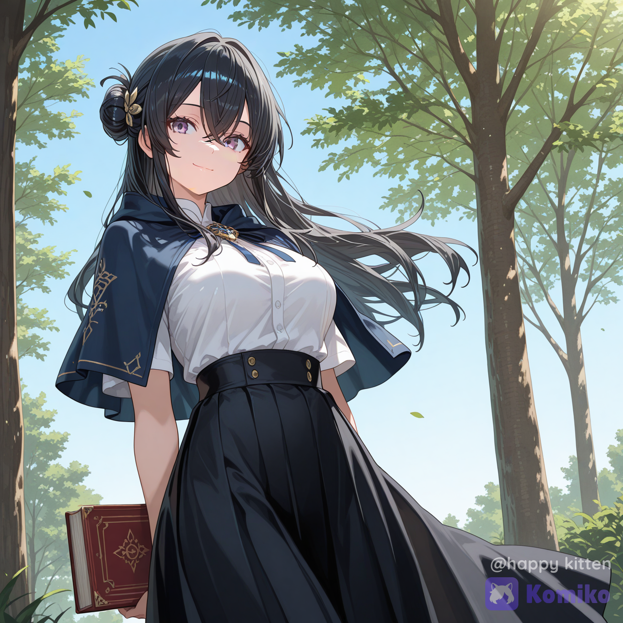 1girl, solo, long hair, smile, shirt, skirt, black hair, hair ornament, closed mouth, hair between eyes, white shirt, short sleeves, cowboy shot, outdoors, black skirt, hair bun, grey eyes, book, capelet, crossed bangs, open book, looking at object, [soft-luminous-anime-style]