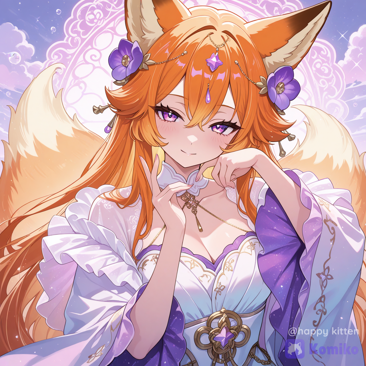 highly 8k wallpaper, Dreamy rose-pink / violet color palette, highly anime composite illustration, female kitsune, cold alluring gaze, subtle sly smile, defined collarbone, bright orange hair with fine strand detail, bright orange fox ears, six fluffy tails (semi-transparent fur strands, jelly-like glossy glow, flowing translucency), liquid crystal / semi-translucent material feel, strong specular highlights and reflections, cinematic bloom, volumetric fog and volumetric lighting, floating magical particles and sparkles, bubble- like pink-violet background with tide/swirl cloud forms, ornate fantasy outfit (Japanese kitsune motifs, gold chain ornaments), dynamic side-lying pose, one arm raised in a lazy graceful curve, dreamy composition, cinematic color grading, high saturation gradients, ultra glossy, sharp yet soft focus, dynamic lighting,intricate details,vibrant colors,sharp focus