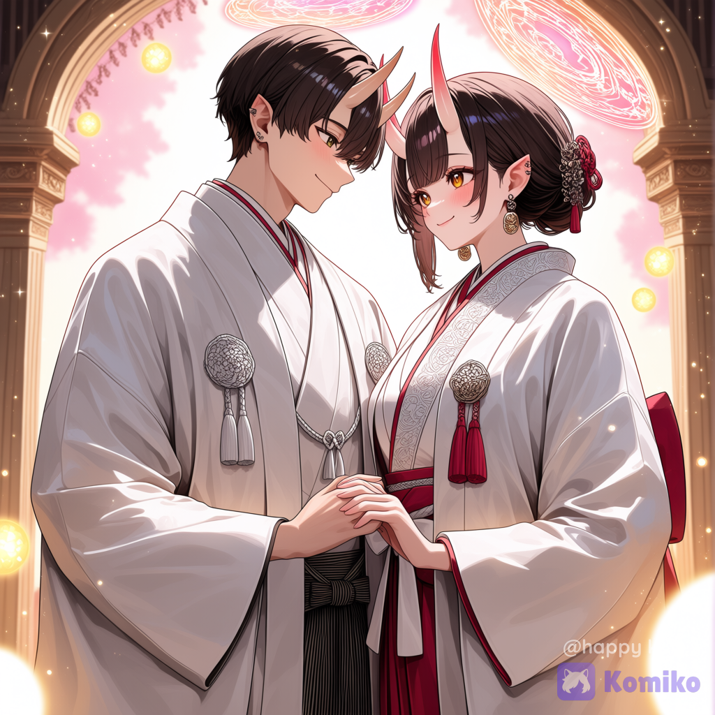A cute romantic half-body close-up of a male and female Japanese oni (ogre), Japanese fantasy wedding outfits. The male oni has two oni horns and a gentle warm smile; the female oni has one oni horn with a shy happy expression and soft bright eyes. They look at each other closely like a vow moment, with hands lightly interlaced (no full body needed). Background: glowing runes, soft magical light halo, floating light orbs, and faint ornate arch decorations, slightly blurred.
Lighting & color: soft stage lighting, warm pink-gold highlights, magical bloom glow, subtle rim light, clean bright sweet mood.
Camera / style: highly anime-style illustration, clean lineart, smooth cel shading, gentle sparkle particles, shallow depth of field, cinematic centered composition.
Enhancements: ultra high resolution crisp skin and fabric details, embroidered patterns, reflective metal accessories, bright eye highlights, natural vibrant colors, no noise., [vivid-close-up-style]