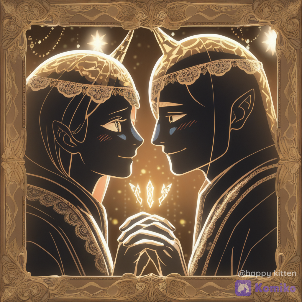 A cute romantic half-body close-up of a male and female Japanese oni (ogre), Japanese fantasy wedding outfits. The male oni has two oni horns and a gentle warm smile; the female oni has one oni horn with a shy happy expression and soft bright eyes. They look at each other closely like a vow moment, with hands lightly interlaced (no full body needed). Background: glowing runes, soft magical light halo, floating light orbs, and faint ornate arch decorations, slightly blurred.
Lighting & color: soft stage lighting, warm pink-gold highlights, magical bloom glow, subtle rim light, clean bright sweet mood.
Camera / style: highly anime-style illustration, clean lineart, smooth cel shading, gentle sparkle particles, shallow depth of field, cinematic centered composition.
Enhancements: ultra high resolution crisp skin and fabric details, embroidered patterns, reflective metal accessories, bright eye highlights, natural vibrant colors, no noise., [soft-glossy-style]