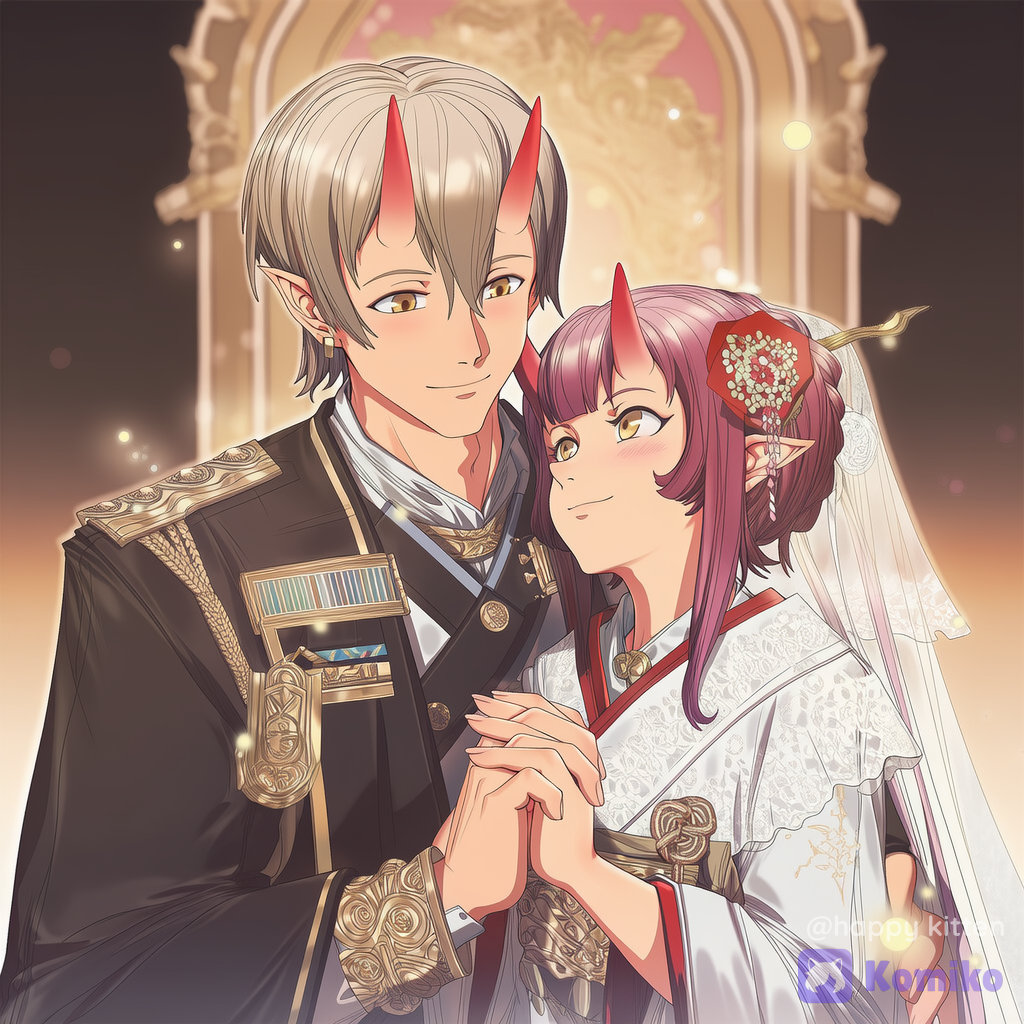 A cute romantic half-body close-up of a male and female Japanese oni (ogre), Japanese fantasy wedding outfits. The male oni has two oni horns and a gentle warm smile; the female oni has one oni horn with a shy happy expression and soft bright eyes. They look at each other closely like a vow moment, with hands lightly interlaced (no full body needed). Background: glowing runes, soft magical light halo, floating light orbs, and faint ornate arch decorations, slightly blurred.
Lighting & color: soft stage lighting, warm pink-gold highlights, magical bloom glow, subtle rim light, clean bright sweet mood.
Camera / style: highly anime-style illustration, clean lineart, smooth cel shading, gentle sparkle particles, shallow depth of field, cinematic centered composition.
Enhancements: ultra high resolution crisp skin and fabric details, embroidered patterns, reflective metal accessories, bright eye highlights, natural vibrant colors, no noise., [hazy-atmospheric-style]