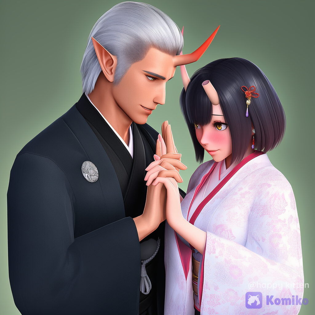 A cute romantic half-body close-up of a male and female Japanese oni (ogre), Japanese fantasy wedding outfits. The male oni has two oni horns and a gentle warm smile; the female oni has one oni horn with a shy happy expression and soft bright eyes. They look at each other closely like a vow moment, with hands lightly interlaced (no full body needed). Background: glowing runes, soft magical light halo, floating light orbs, and faint ornate arch decorations, slightly blurred.
Lighting & color: soft stage lighting, warm pink-gold highlights, magical bloom glow, subtle rim light, clean bright sweet mood.
Camera / style: highly anime-style illustration, clean lineart, smooth cel shading, gentle sparkle particles, shallow depth of field, cinematic centered composition.
Enhancements: ultra high resolution crisp skin and fabric details, embroidered patterns, reflective metal accessories, bright eye highlights, natural vibrant colors, no noise.., [figurine-style]
