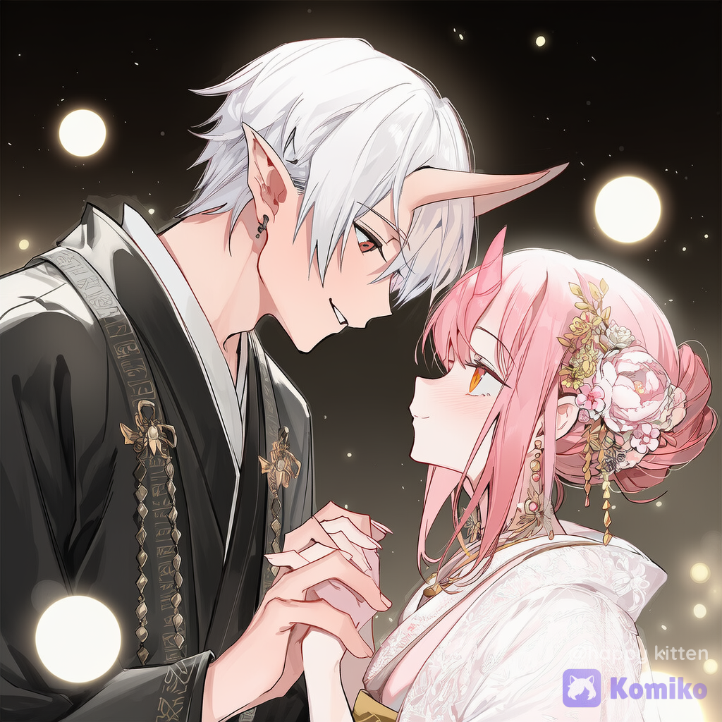 A cute romantic half-body close-up of a male and female Japanese oni (ogre), Japanese fantasy wedding outfits. The male oni has two oni horns and a gentle warm smile; the female oni has one oni horn with a shy happy expression and soft bright eyes. They look at each other closely like a vow moment, with hands lightly interlaced (no full body needed). Background: glowing runes, soft magical light halo, floating light orbs, and faint ornate arch decorations, slightly blurred.
Lighting & color: soft stage lighting, warm pink-gold highlights, magical bloom glow, subtle rim light, clean bright sweet mood.
Camera / style: highly anime-style illustration, clean lineart, smooth cel shading, gentle sparkle particles, shallow depth of field, cinematic centered composition.
Enhancements: ultra high resolution crisp skin and fabric details, embroidered patterns, reflective metal accessories, bright eye highlights, natural vibrant colors, no noise.., [ink-wash-style]