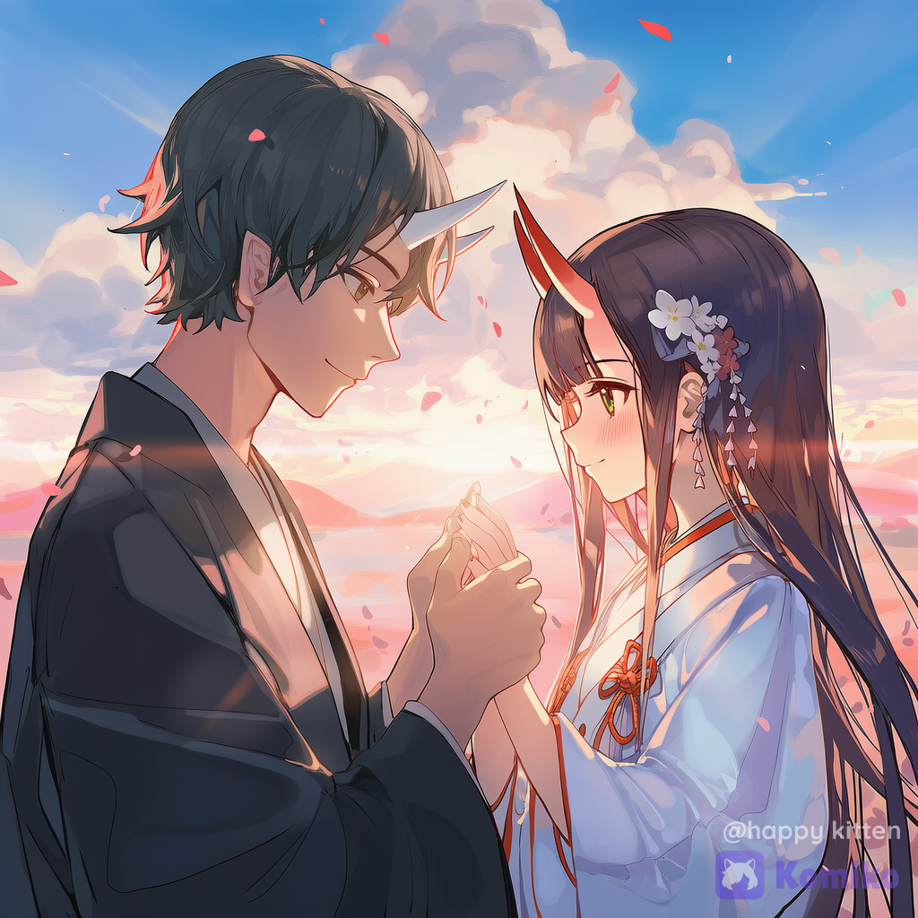 A cute romantic half-body close-up of a male and female Japanese oni (ogre), Japanese fantasy wedding outfits. The male oni has two oni horns and a gentle warm smile; the female oni has one oni horn with a shy happy expression and soft bright eyes. They look at each other closely like a vow moment, with hands lightly interlaced (no full body needed). Background: glowing runes, soft magical light halo, floating light orbs, and faint ornate arch decorations, slightly blurred.
Lighting & color: soft stage lighting, warm pink-gold highlights, magical bloom glow, subtle rim light, clean bright sweet mood.
Camera / style: highly anime-style illustration, clean lineart, smooth cel shading, gentle sparkle particles, shallow depth of field, cinematic centered composition.
Enhancements: ultra high resolution crisp skin and fabric details, embroidered patterns, reflective metal accessories, bright eye highlights, natural vibrant colors, no noise., [dazzling-illustration]