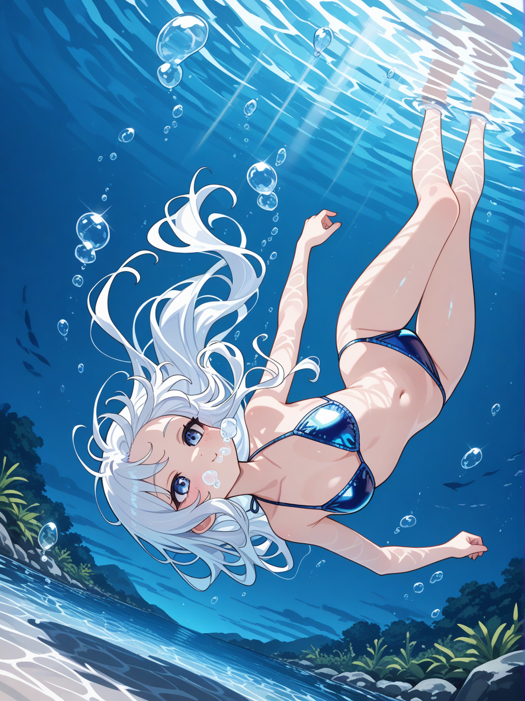 anime illustration: In the expansive depths of a vast blue lake, a girl with her long white hair and shimmering bubbles streaming behind her is seen plummeting towards the lake's bottom at a 45 degree angle. Her metallic blue string bikini stands out against the dark waters of the lake. Her cheeks are puffed as she holds her breath, a long string of bubbles escapes her mouth. The surrounding environment is animated with air bubbles, corals, and dazzling light refractions, which paint a tranquil underwater picture.