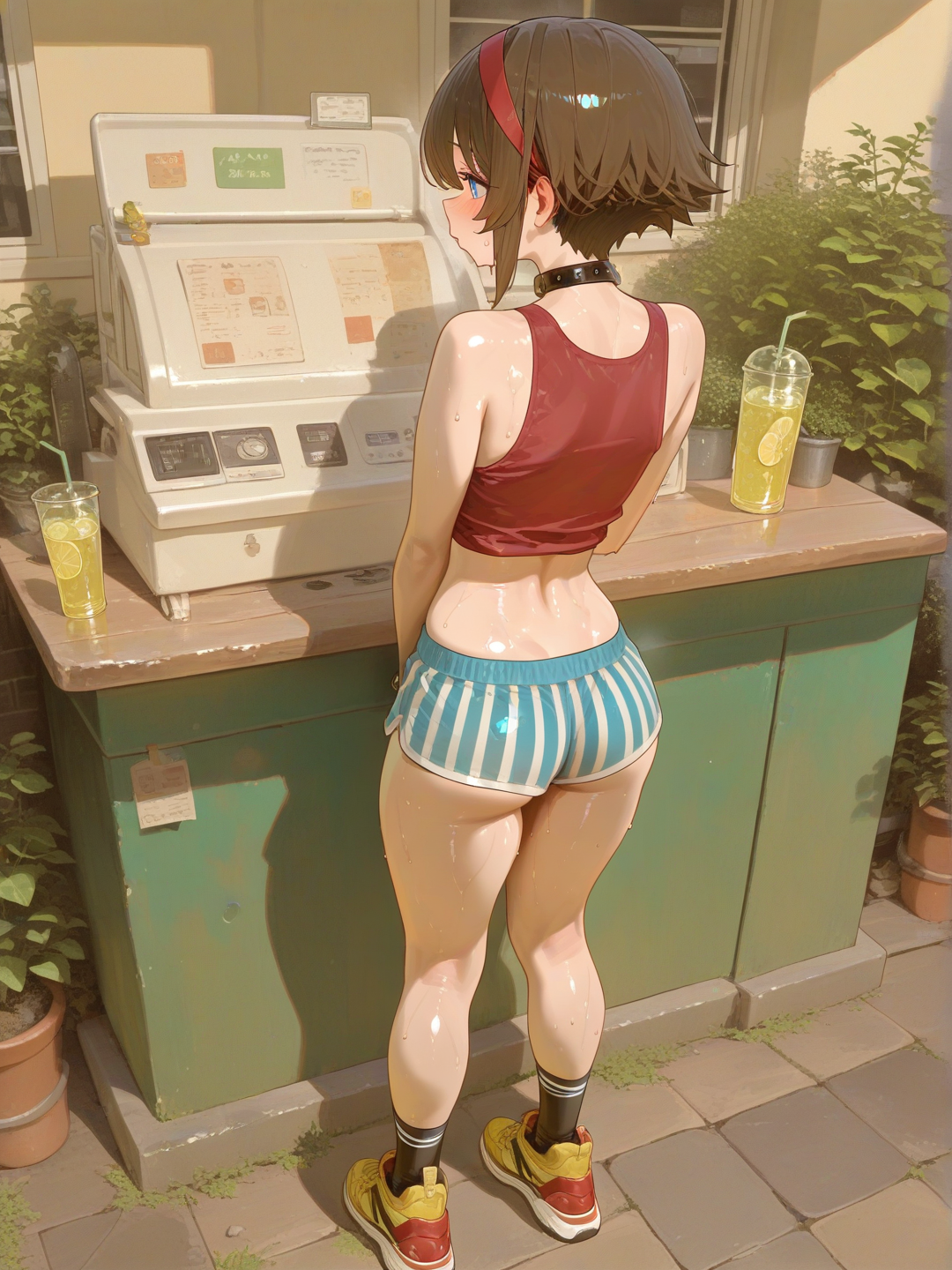 1 woman, working lemonade stand, standing at register, serving customers, wearing skimpy outfit, no underwear, heart eyes, butt plug, sweaty, [sensual-glossy-style], @may-1ded