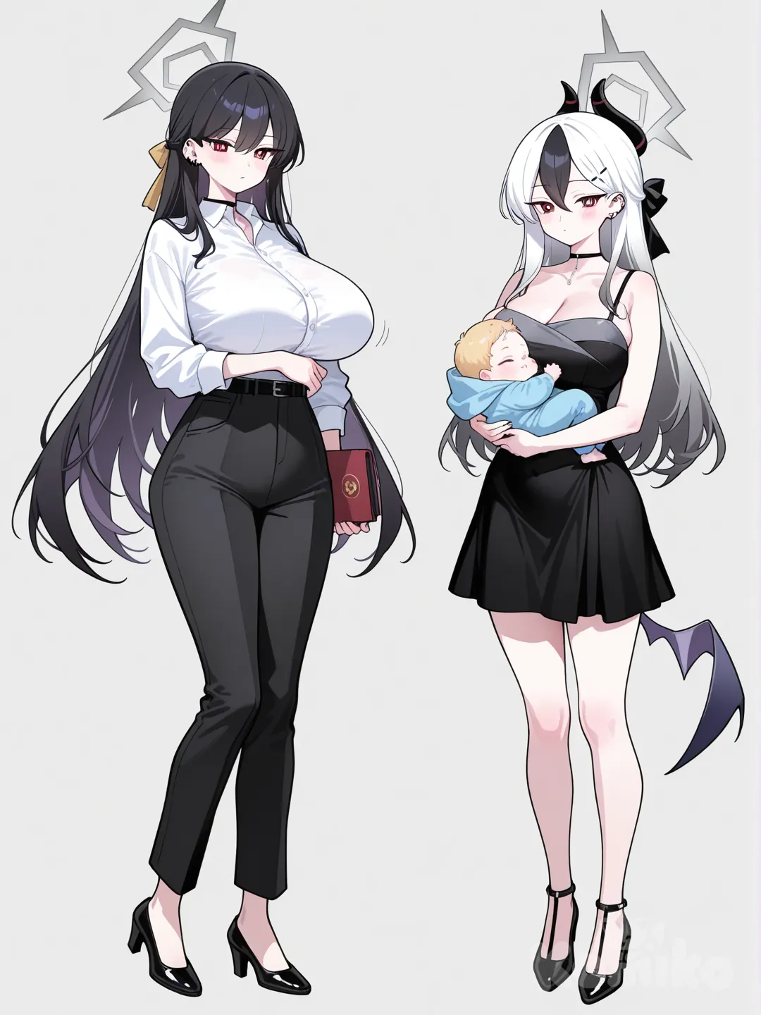 kayoko (dress) (blue archive), con ropa casual Con una camisa y pantalónes Elegante con pechos grandes y un bebé en las manos,full bodies visible, sagging breasts Extremely large breasts, Marebel (メアベル) Super-large breasts (J-cup).