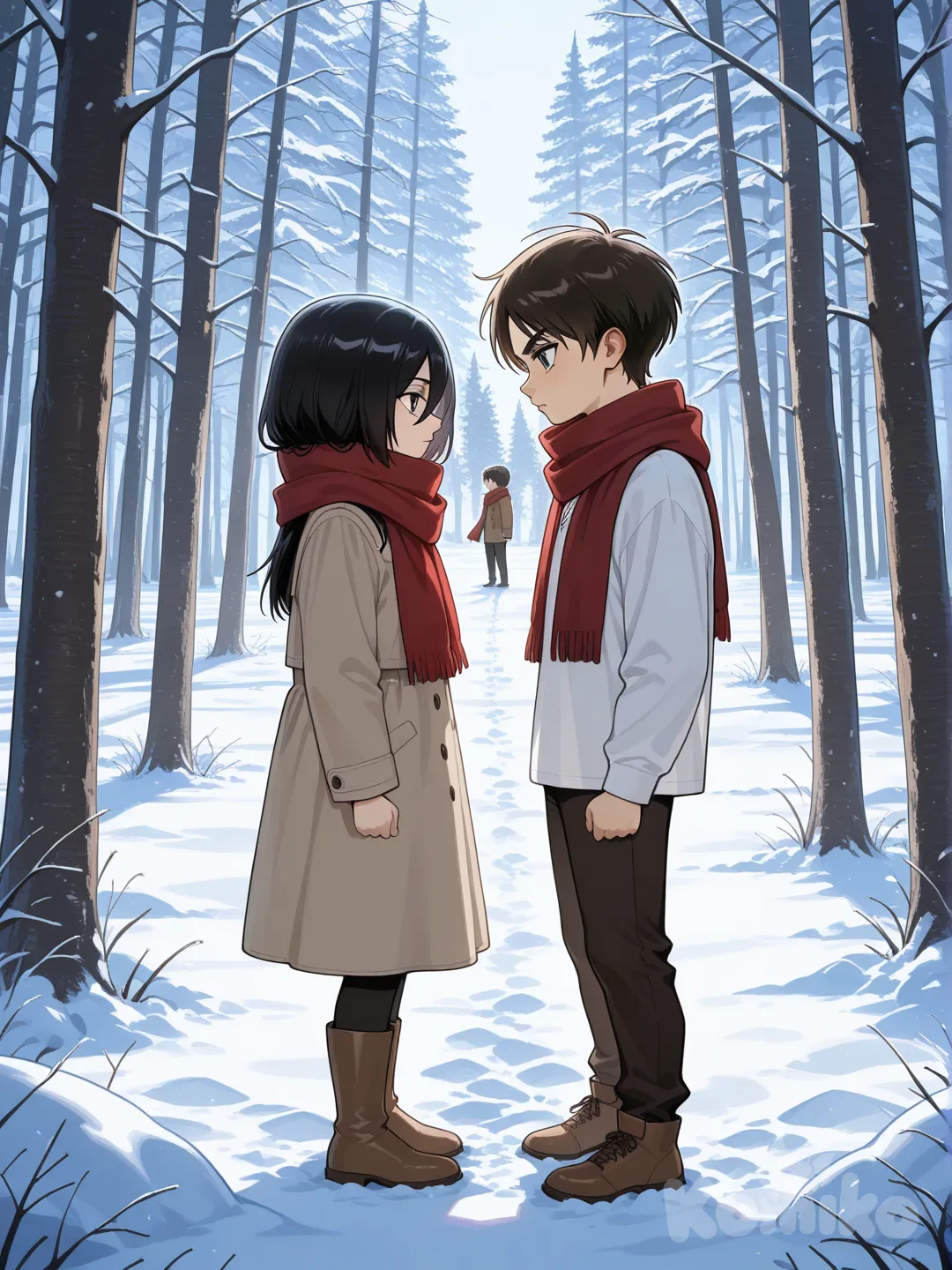 eren yeager un niño de 11 años esta en medio de un bosque y esta frente a Mikasa Ackerman una niña de 11 años y eren le ponía una bufanda roja porque Eren la salvo de los traficantes de esclavos y Eren le decía toma con esto no tendrás frío