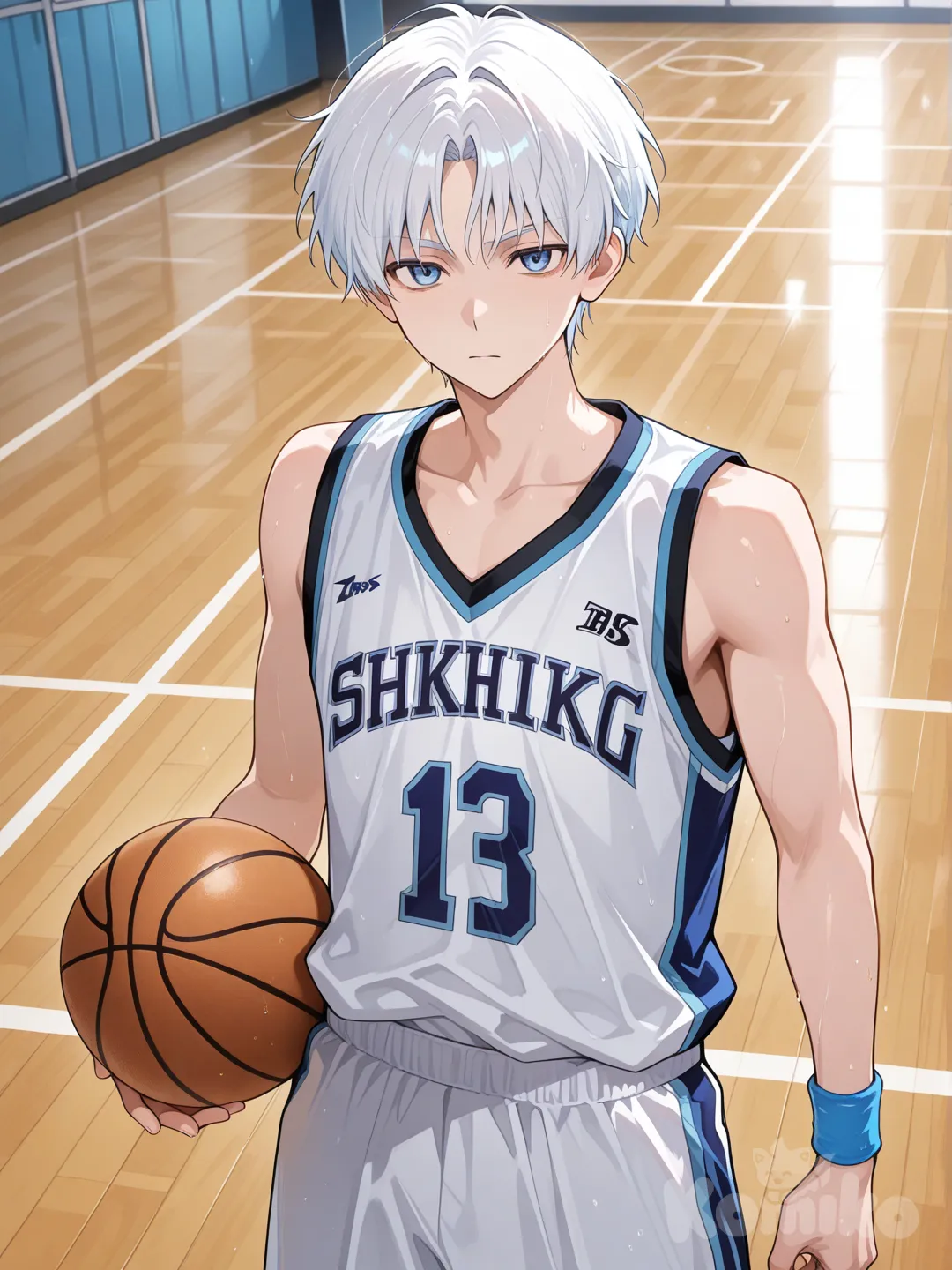 kuroko no basuke, white hair, boy, blue eyes, short, shorts, white shirt, wrist cuffs