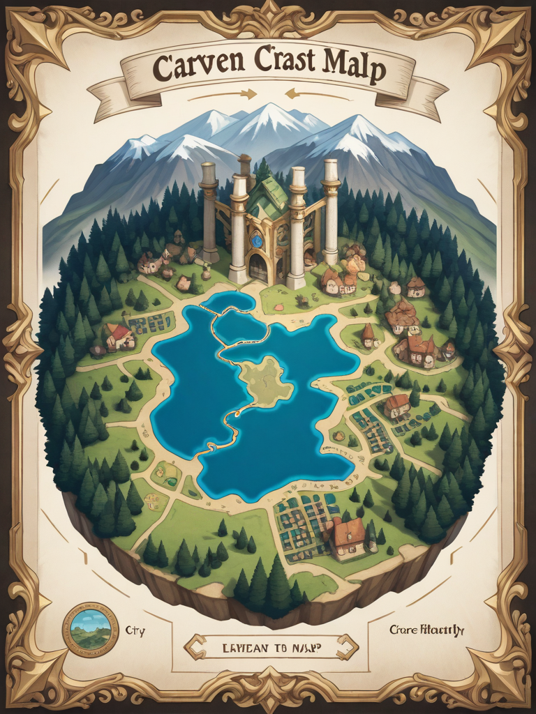 In the medieval fantasy realm of Thalmyr, magic abounds, monsters prowl, and races like humans, elves, goblins, gnomes, orcs, demons, and dwarves roam the land. Hanging between two white pillars is a massive, ornate medieval map crafted from dyed and intricately chiseled stone, displaying topography of the diverse regions. The map marks dwarven cities nestled in mountains and cliffs, small elven settlements scattered in deep forests, a handful of human cities, three demon cities in harsh climates, and sprawling orc villages. Major roads connect these locations with slender pathways, while dozens of smaller villages are dotted across the landscape, their names inscribed in fine, small lettering.