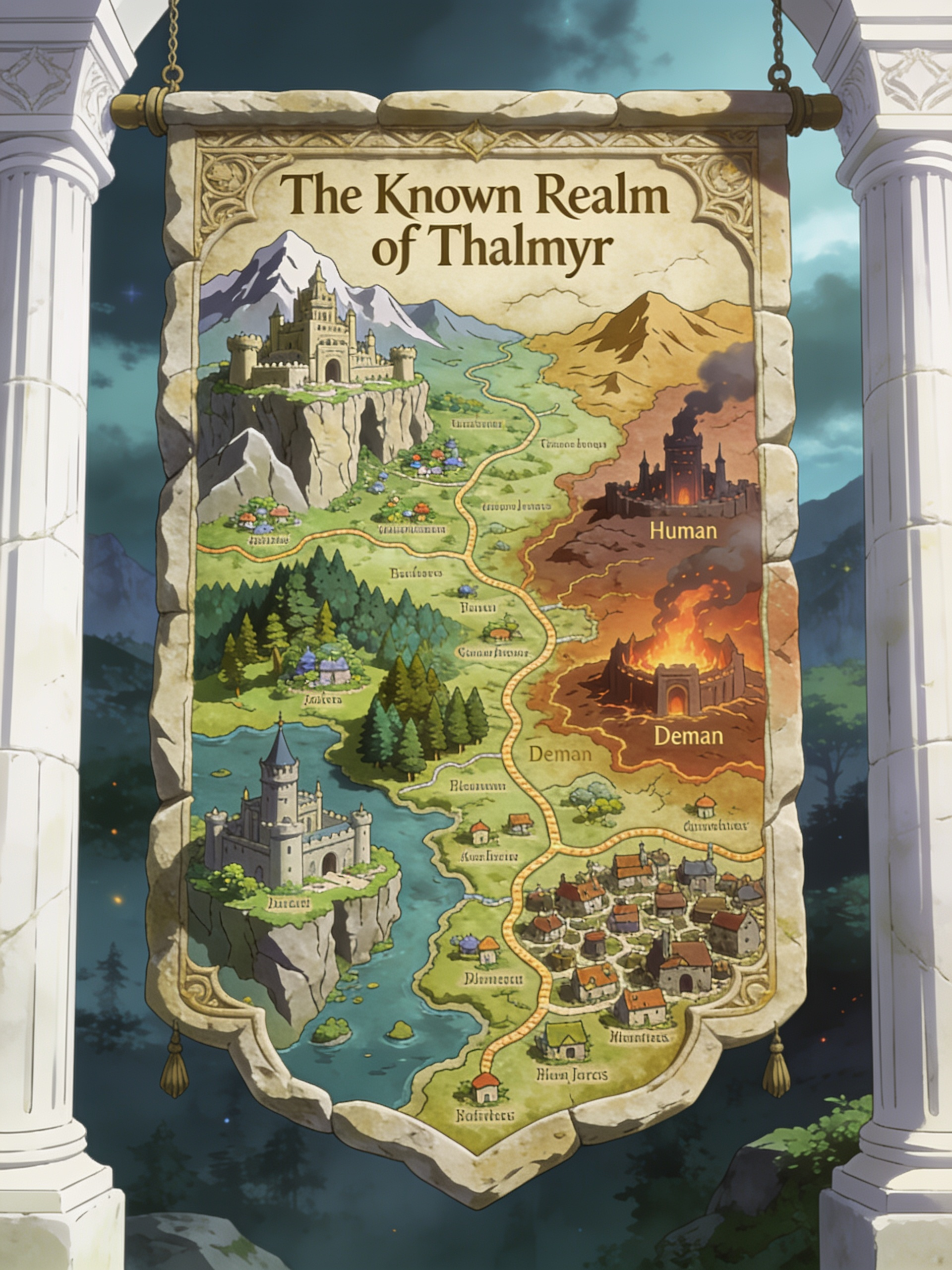 In the medieval fantasy realm of Thalmyr, magic abounds, monsters prowl, and races like humans, elves, goblins, gnomes, orcs, demons, and dwarves roam the land. Hanging between two white pillars is a massive, ornate medieval map crafted from dyed and intricately chiseled stone, displaying topography of the diverse regions. The map marks dwarven cities nestled in mountains and cliffs, small elven settlements scattered in deep forests, a handful of human cities, three demon cities in harsh climates, and sprawling orc villages. Major roads connect these locations with slender pathways, while dozens of smaller villages are dotted across the landscape, their names inscribed in fine, small lettering. 'The Known Realm of Thalmyr' is inscribed above the massive map.