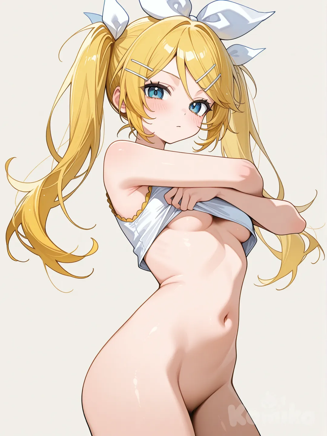 Create kagamine rin wearing a loose crop top, no pants

And the crop top is slightly moving upwards