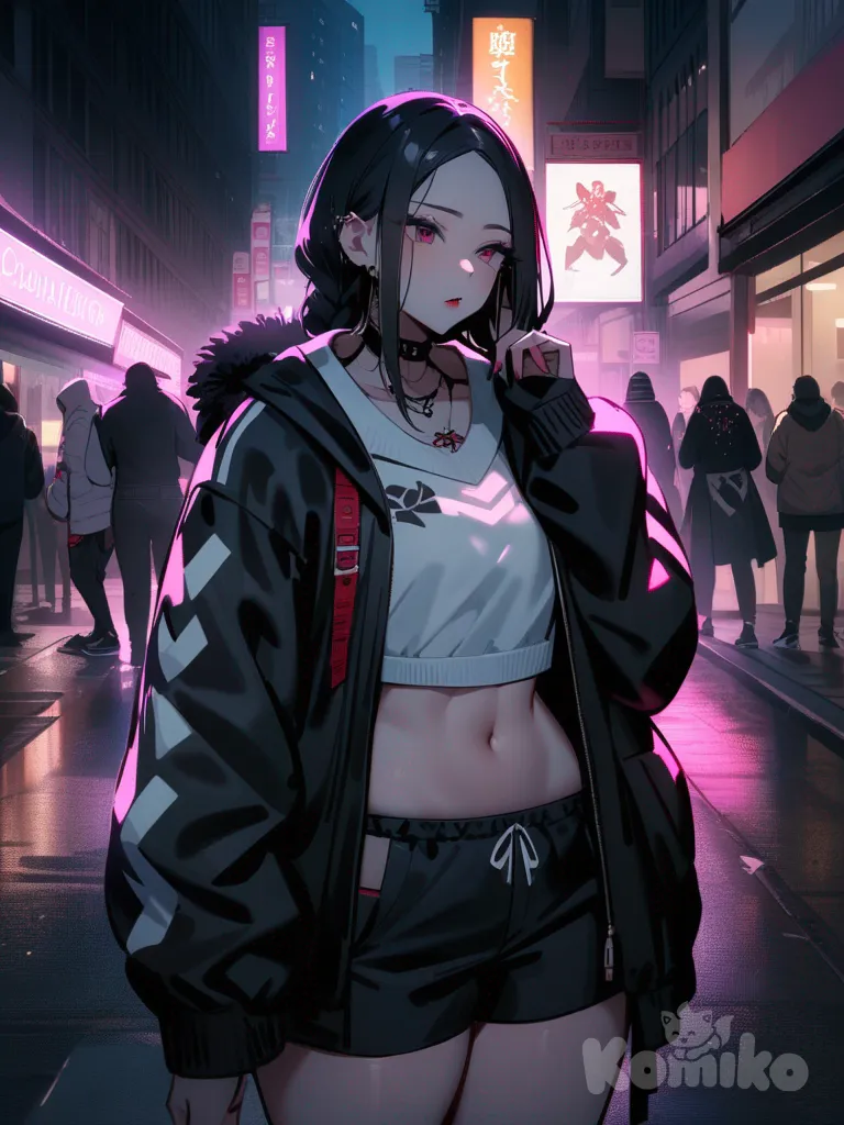 Chica, piel oscura, trenzas, cabello gris, labios grandes, labios rosas, ropa holgada, chaqueta abierta, top negro, abdomen marcado, pantalones acampanados, en un callejón urbano con letrero de luces neon de fondo