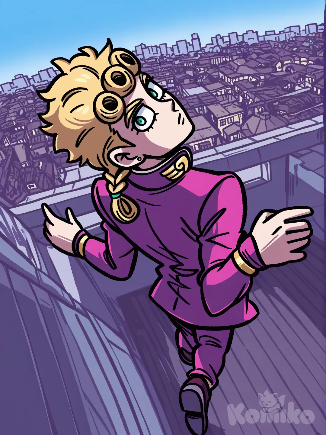 [helltalker-style], @Giorno_Giovanna, looking back, head tilt, jumping from rooftop, headshot, full body, looking at viewer, panoramic lens, ambient light, blue sky, cityscape, cafe, village, restaurant