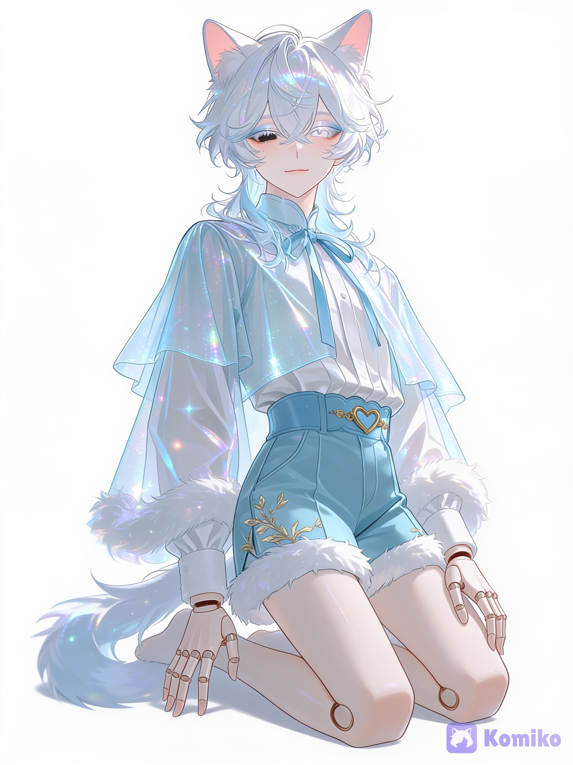 [iridescent-style], 1boy, Leave the joints in the wrists, fingers, and knees, leave the appearance as is, kneeling