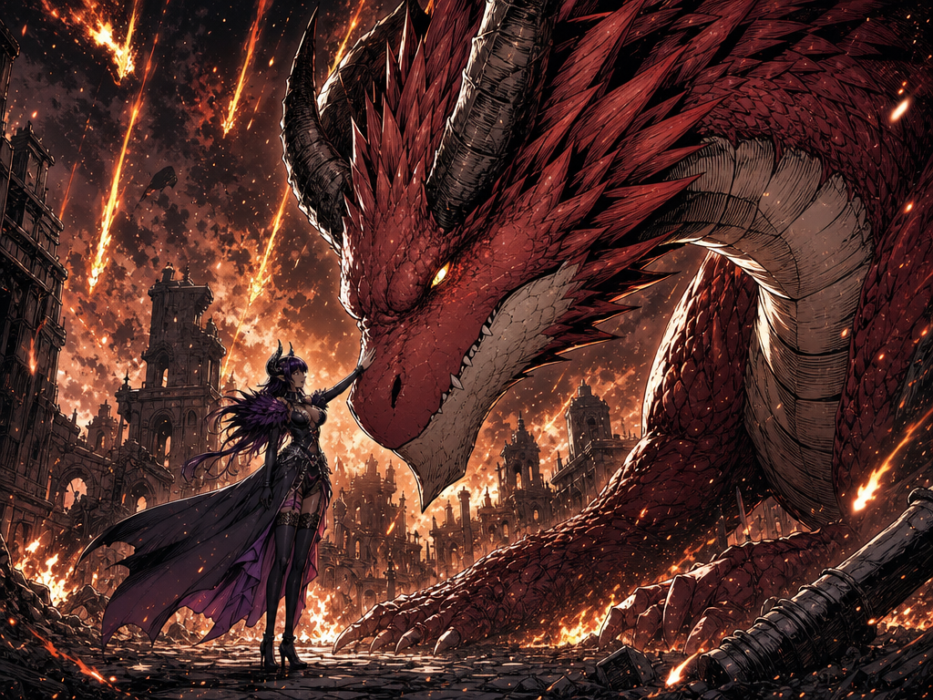 Dragon is ten times bigger then the lady in the middle of a ruin city, Fire falling from a sky, Petting the dragon over the snout, [action-manga-style]