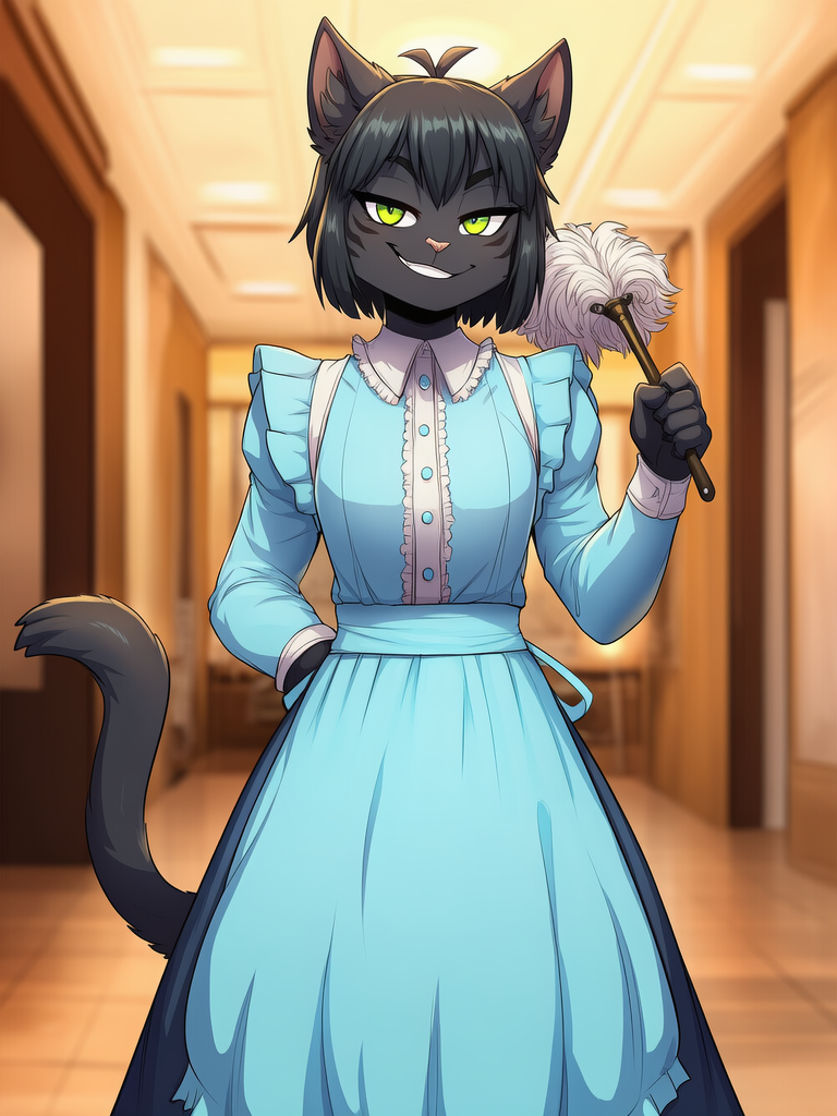Anthropomorphic feline, cat girl, slim, black fur, smirking, green eyes, working hospitality, hotel maid, light blue dress, long skirt, cleaning equipment, hotel hallway