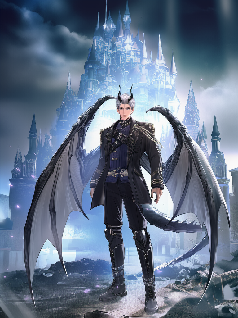 [love-and-deepspace-style], military jacket, suit pants, airship captain outfit, chainmail, dragon wings, dragon horns, dragon man, Silver Eyes, slicked-back hair, silver hair, combat boots, full body, cinematic lighting, castle
