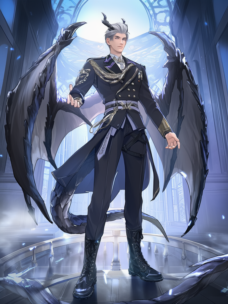 [love-and-deepspace-style], military jacket, suit pants, airship captain outfit, chainmail, dragon wings, dragon horns, dragon man, Silver Eyes, slicked-back hair, silver hair, combat boots, full body, cinematic lighting, castle