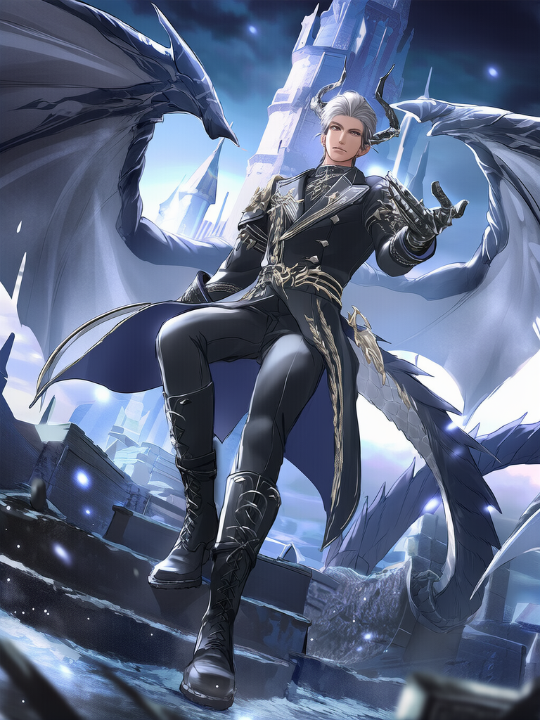 [love-and-deepspace-style], military jacket, suit pants, airship captain outfit, chainmail, dragon wings, dragon horns, dragon man, Silver Eyes, slicked-back hair, silver hair, combat boots, full body, cinematic lighting, castle