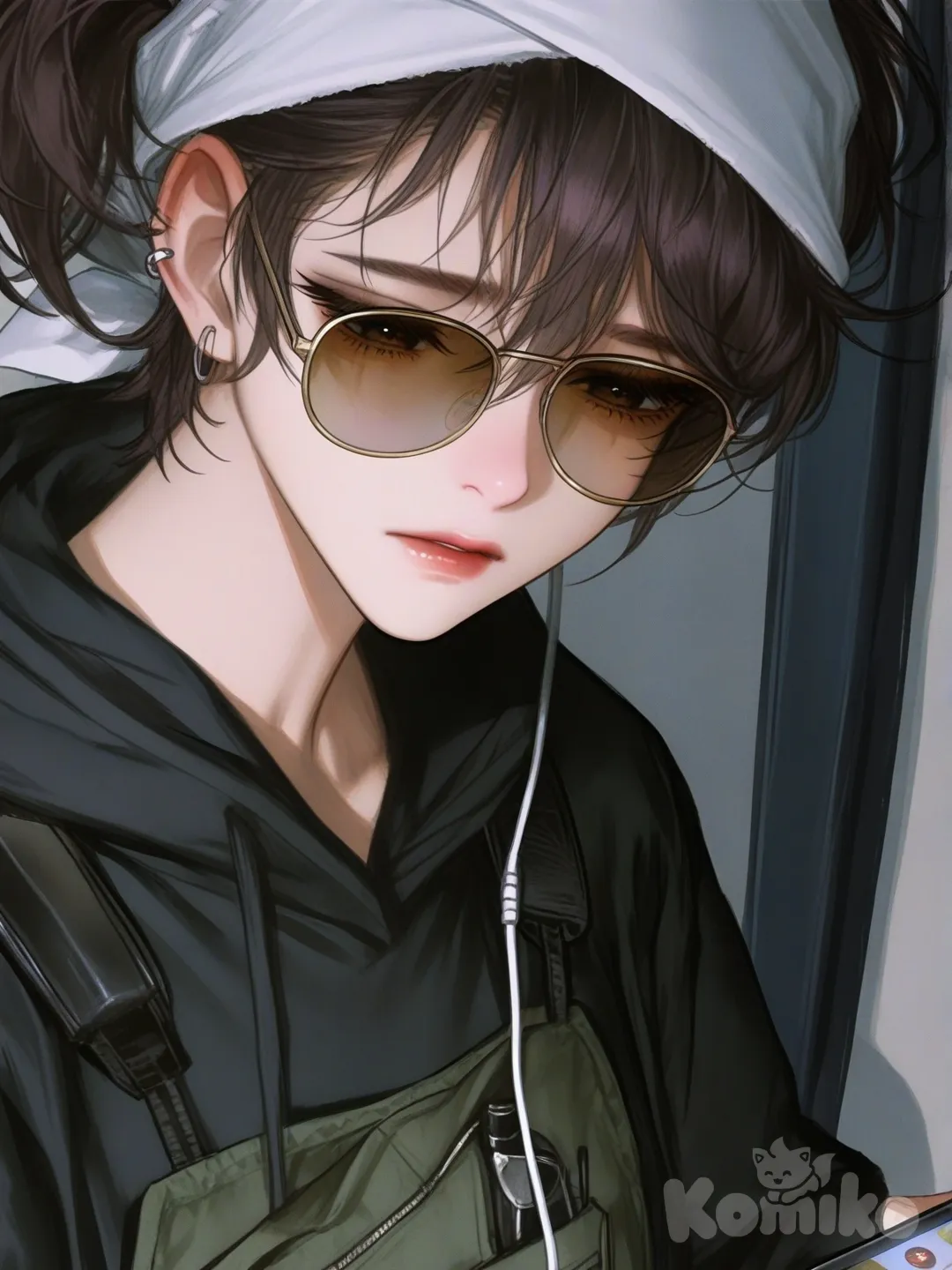 1girl, [semi-realistic-portrait-style], looking at phone, depressed, hoodie, cargo pants, headscarf, sunglasses, headphones, pixie cut, side ponytail, olive green, upper body, top light, pier