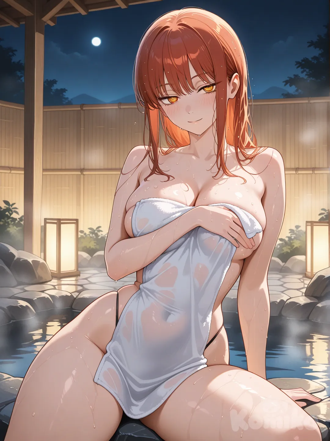 Makima from Chainsaw Man, long reddish-orange hair loose and slightly wet, strands sticking to her face and shoulders, sharp yellow eyes with red rings, seductive half-lidded gaze, subtle blush, sitting on the edge of a luxurious outdoor onsen hot spring at night, steam rising, small white towel barely covering her body, towel extremely short and tight, riding high on thighs, deep cleavage, sideboob and underboob visible, voluptuous hourglass figure, massive breasts straining against the towel, slim waist, wide hips, thick thighs, glistening wet skin, water droplets, perfect anatomy, soft moonlight and lantern lighting, misty atmosphere, highly ultra realistic, 8k, cinematic lighting, depth of field