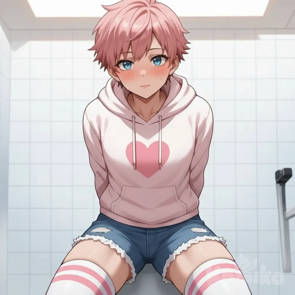 femboy with short spiky pink hair and striking blue eyes, dressed in a cozy pink hoodie, stylish blue jean shorts, and cute white thigh highs with playful pink stripes., 1boy, spiky hair, jeans, beach shorts, anime style