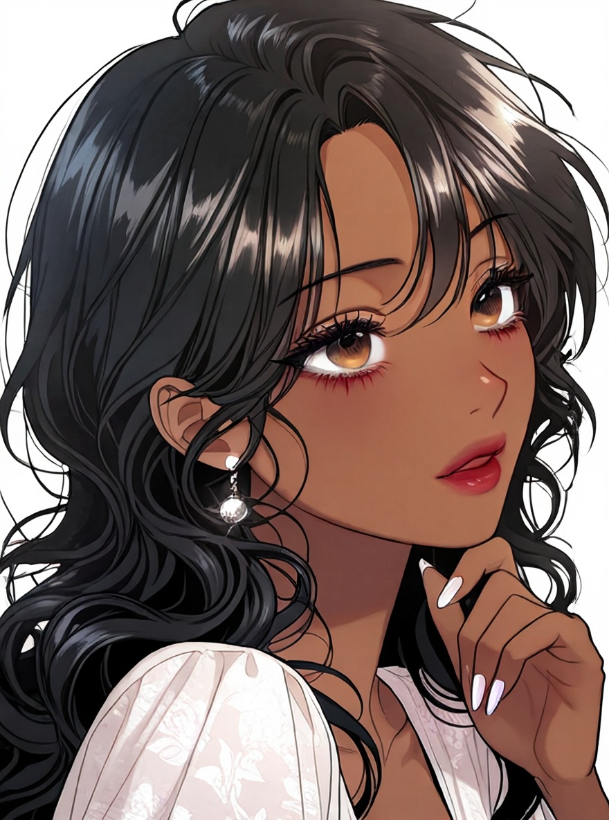 1girl, dark skin, smooth skin, neutral expression, dark eyes, hooded eyes, defined nose, full lips, shaped eyebrows, arched eyebrows, single character, full body, looking at viewer, anime style, simple background, white background