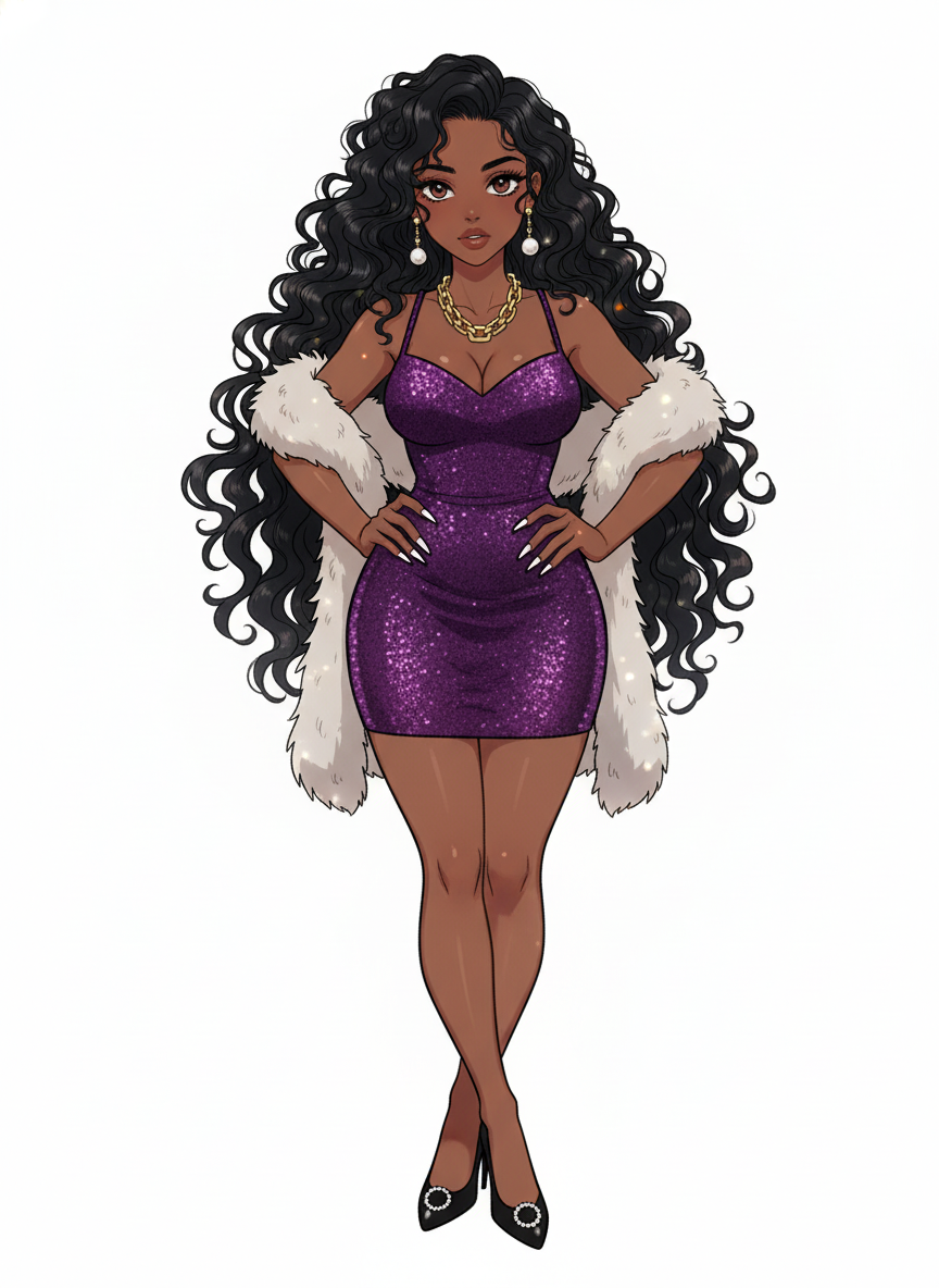 1girl, gangster_wife, mature_female, curvy, short, petite, dark_skin, black_hair, long_hair, curly_hair, brown_eyes, lineart, cel_shaded, solo, single character, full body, looking at viewer, anime style, simple background, white background