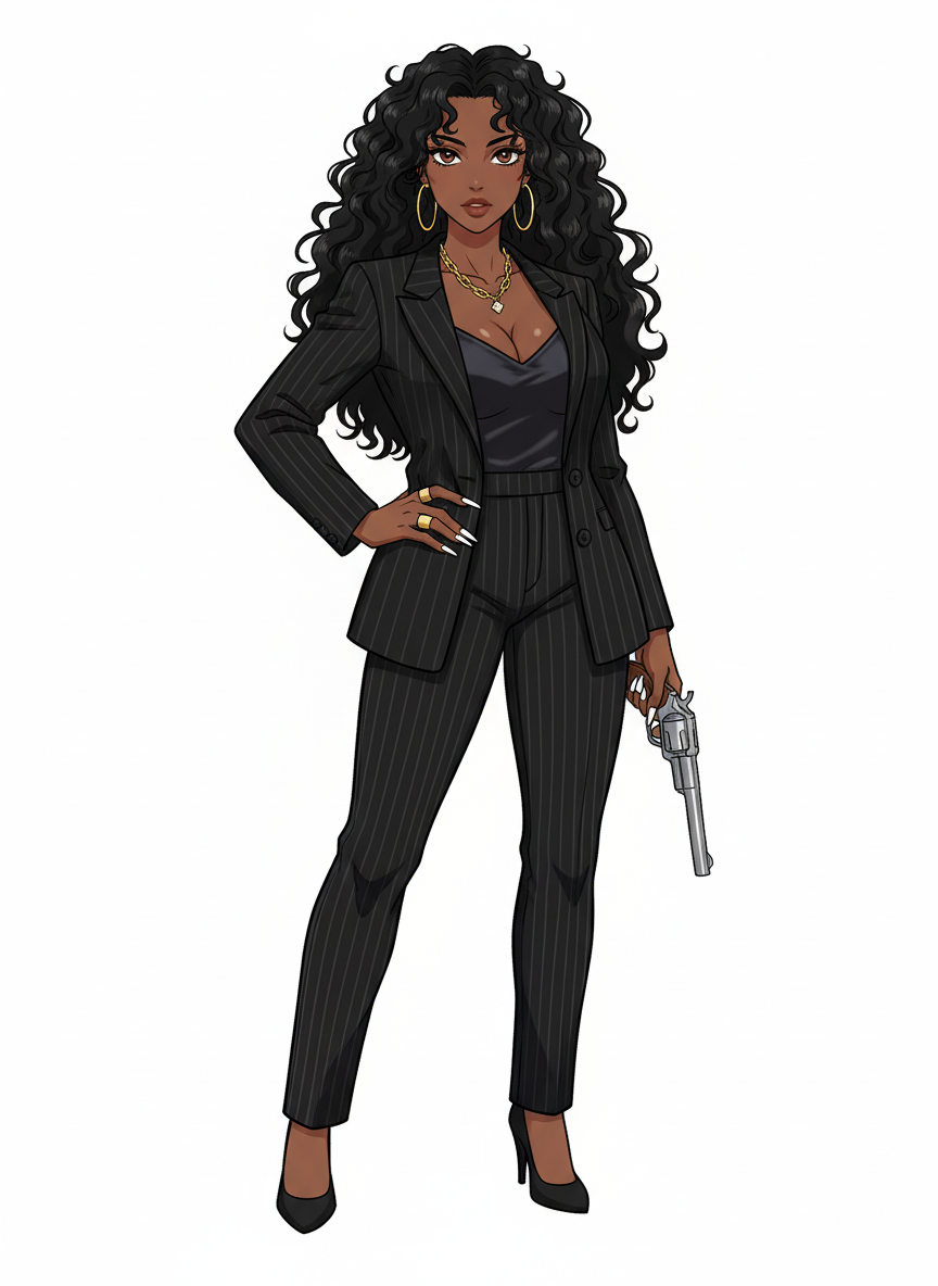 1girl, gangster_wife, mature_female, curvy, short, petite, dark_skin, black_hair, long_hair, curly_hair, brown_eyes, lineart, cel_shaded, solo, single character, full body, looking at viewer, anime style, simple background, white background