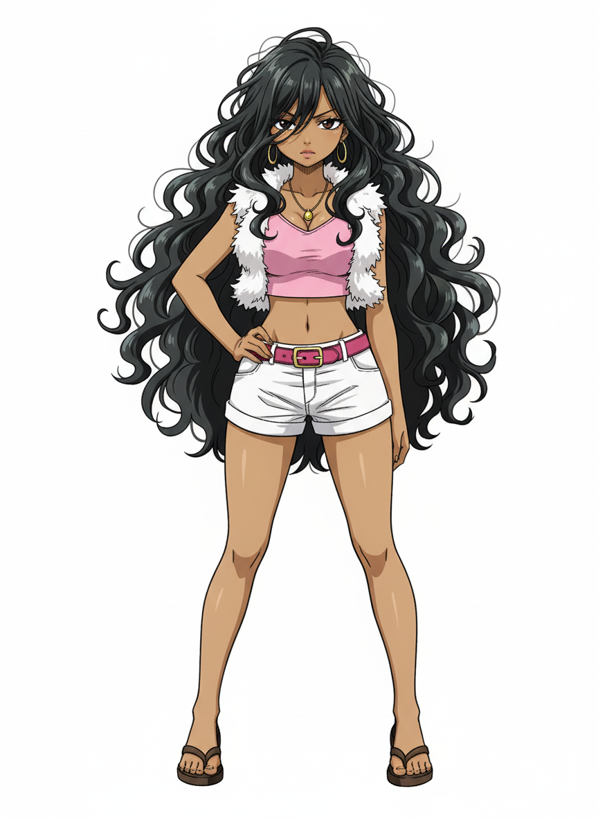 1girl, mashima hiro style, fairy tail style, round face, brown eyes, straight nose, full lips, glossy lips, arched eyebrows, black hair, long hair, curly hair, messy hair, dark skin, mature, curvy, short, petite, single character, full body, looking at viewer, simple background, white background