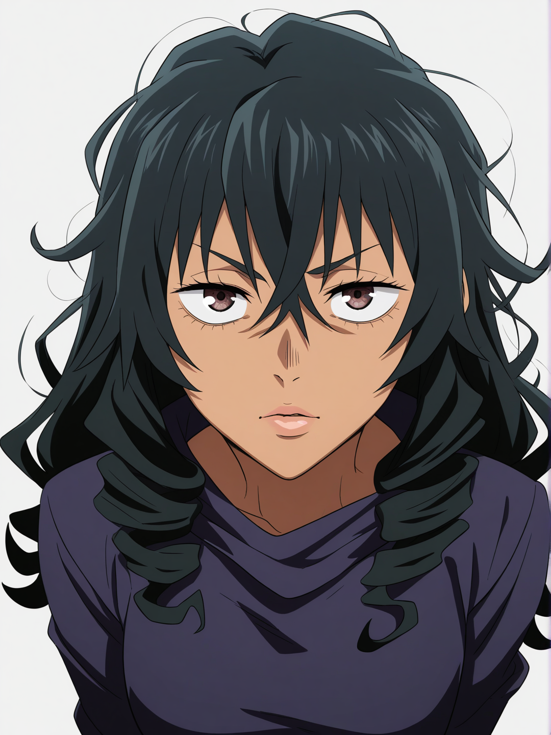 [pop-anime-style] 1girl, round_face, dark_brown_eyes, straight_nose, full_lips, glossy_lips, arched_eyebrows, black_hair, long_hair, curly_hair, messy_hair, jujutsu_kaisen_style, mature, curvy, petite, short, dark_skin, single_character, full_body, looking_at_viewer, simple_background, white_background