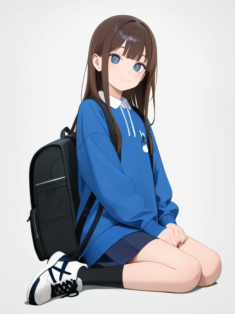 1girl, brown_hair, blue_eyes, teenager, single character, full body, looking at viewer, anime style, simple background, white background