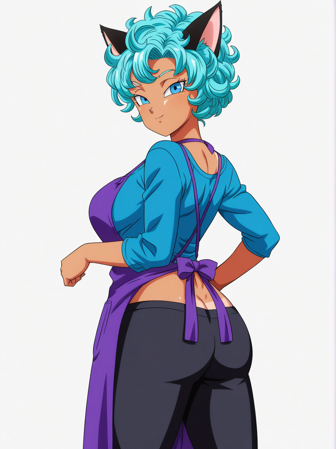 [pop-anime-style] 1girl, dragon_ball style, mature, curvaceous, curly_hair, blue_hair, blue_eyes, dimples, tanned_skin, apron, cat_ears, solo, full_body, looking_at_viewer, simple_background, white_background