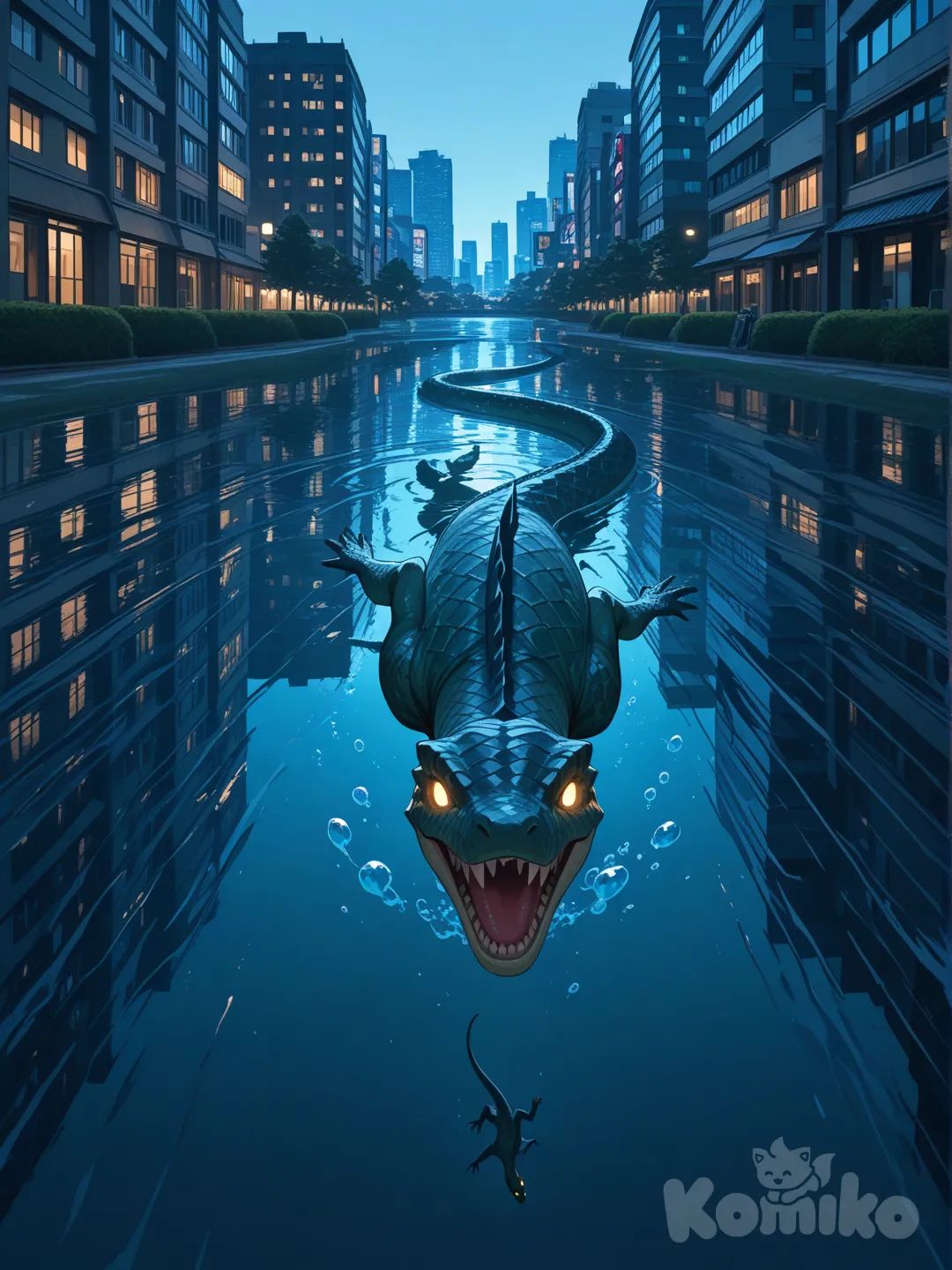 Faças um pequeno lagarto realista nadando em um lago onde no fundo está vindo bolhas verda e do outro lado da imagem fazendo contraste um monstro lagarto mutante gigante observando uma cidade cheia de prédios