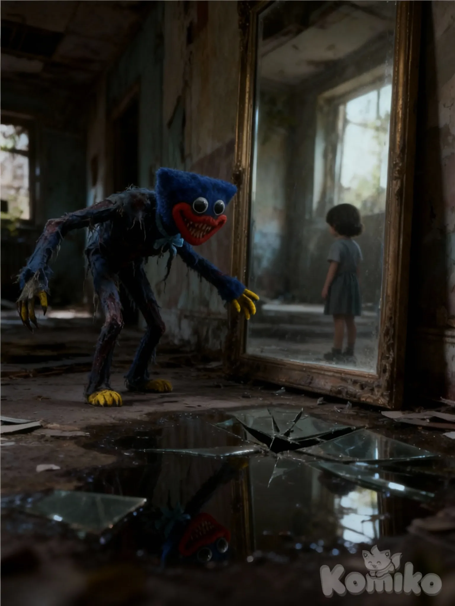 Faça a imagem ser mais sombria o monstro mais monstruoso mas mantendo as características como os braços e pernas longos o pelo azul o sorriso com lábios vermelho os dente afiados e tortos os pés e mãos como se fosse luvas amarelas sem dedos e no reflexo no espelos coloque uma criança mas a imagem tem que ser realista