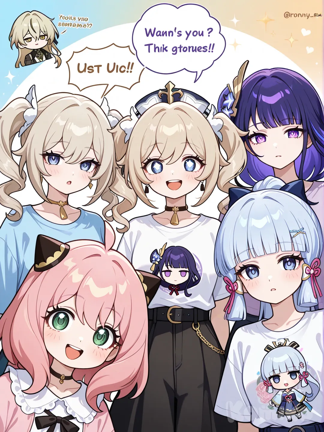 @Anya_(Spy_X_Family), @Barbara_(Genshin_Impact) , @Kamisato_Ayaka, @Raiden_Shogun, @Luocha_(Honkai:Star_Rail), @Bronya_Zaychik_(Silverwing:N-Ex) hablando