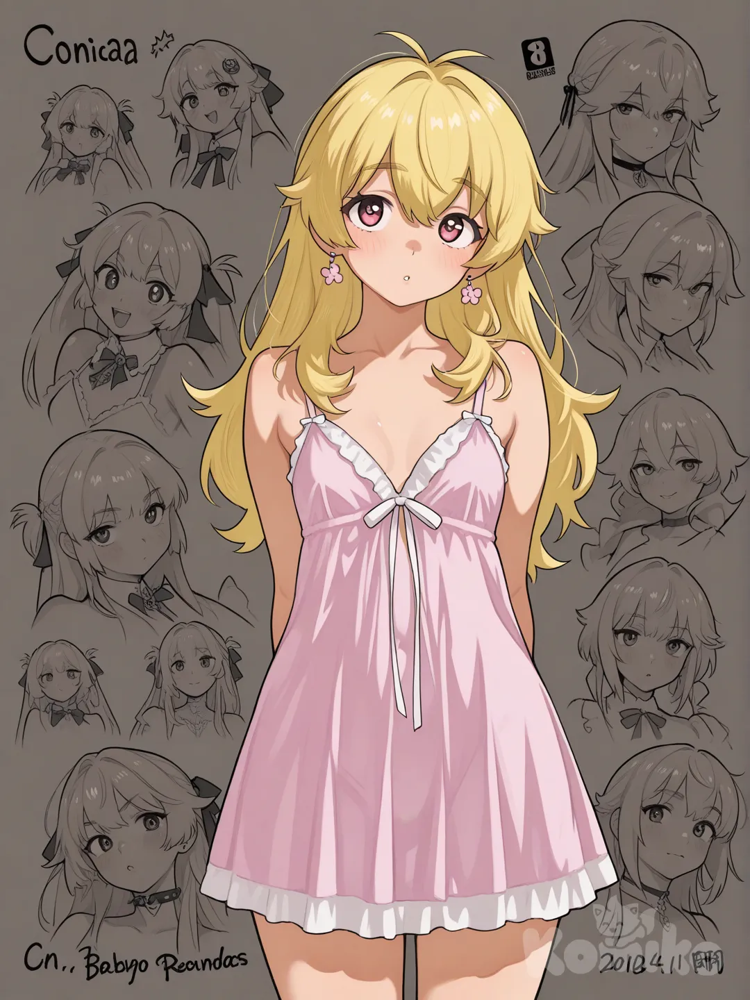 Chica pequeña cabello blanco,ojos azules, en babydoll, traslúcido, desnuda, cuerpo completo