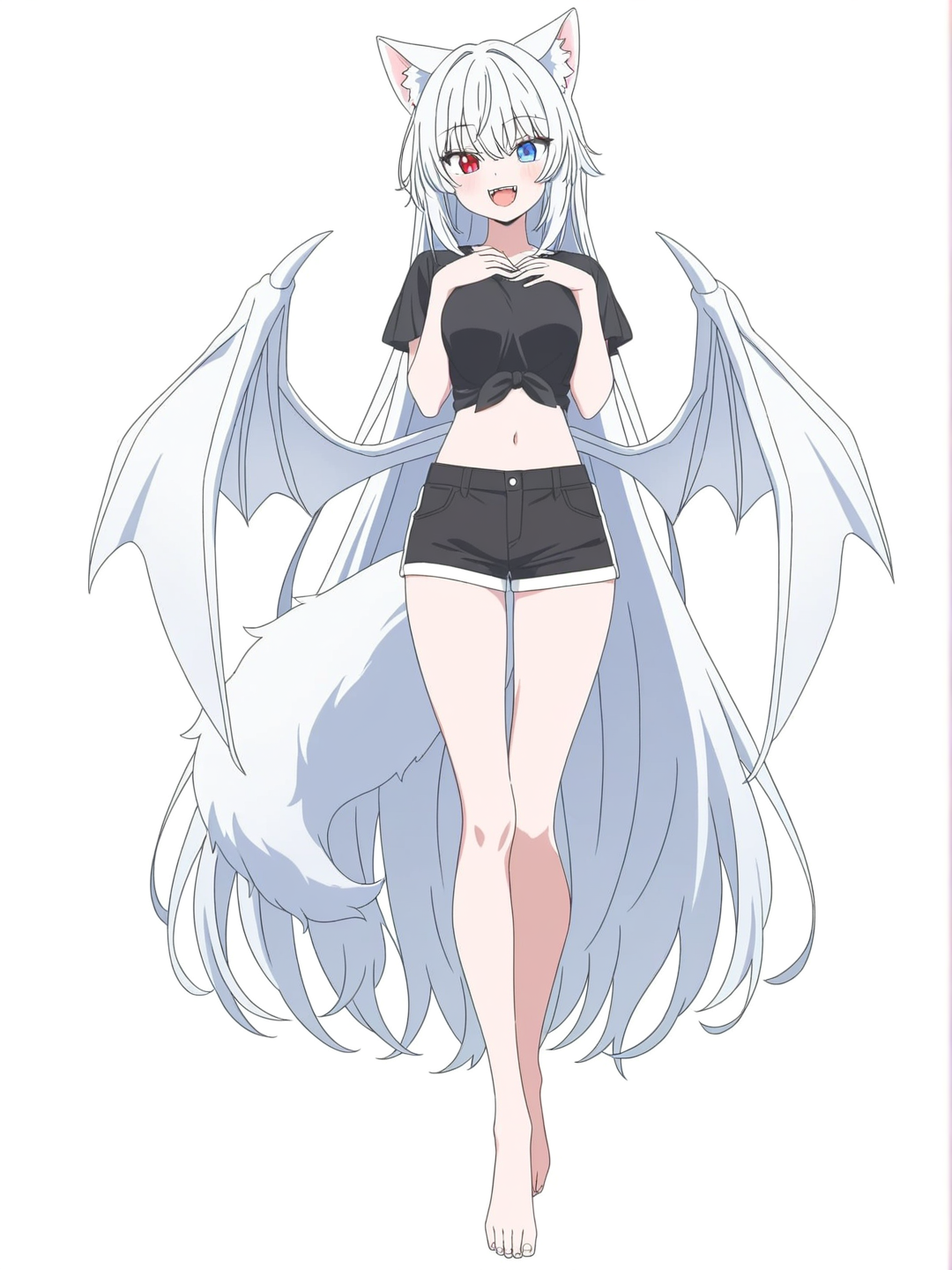 [bright-anime-style] 1girl, silver hair, long hair, waist-length hair, cat ears, dragon wings, white wings, heterochromia, red eye, blue eye, smile, fangs, hands on own chest, white tail, fluffy tail, black shorts, short shorts, black top, single character, full body, looking at viewer, anime style, simple background, white background