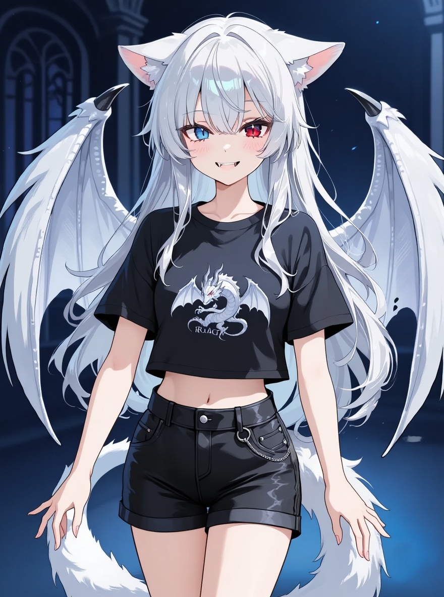 1girl, silver hair, long hair, waist-length hair, sharp cat ears, large white dragon wings, heterochromia, red left eye, blue right eye, smile, fangs, hands on chest, white fluffy tail, black short shorts, black top, single character, full body, looking at viewer, anime style, dark blurry background