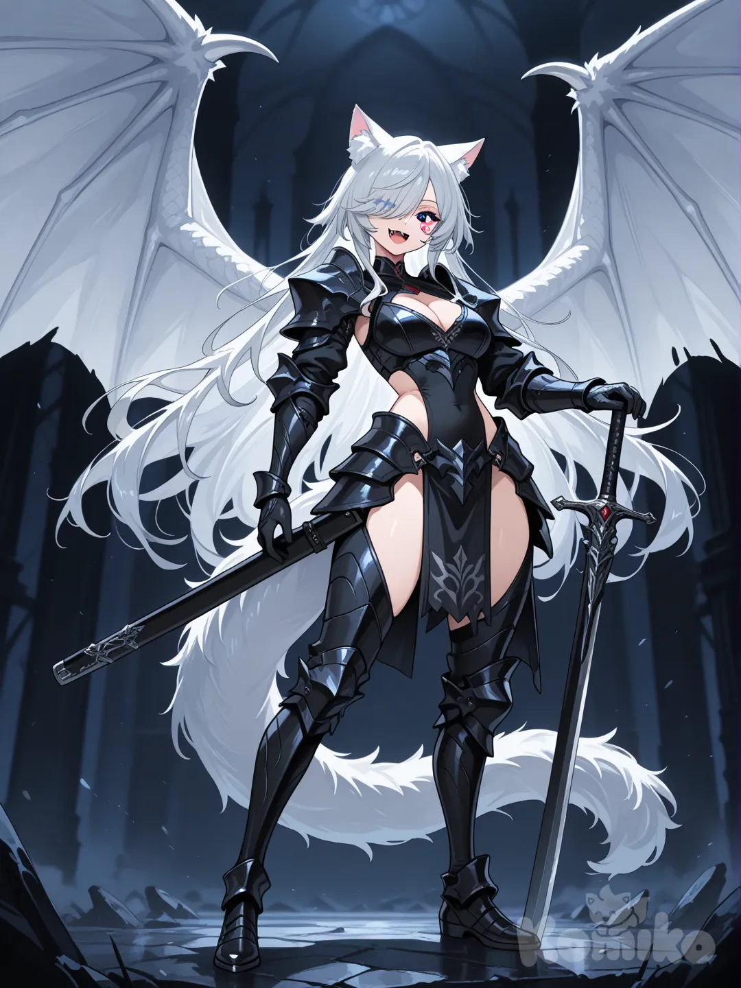 Персонаж: Девушка обладает серебристые длинными по пояс волосами, острыми кошачьими ушами и большими крыльями белыми как у дракона. Ее глаза разного цвета (гетерохромия): левый глаз красный, правый — синий. На лице видна как она смеётся с выступающими клыками.
Элементы: Она держит руки на рукоятях клинков. Также у нее есть белый пушистый хвост.
Нашей чёрные доспехи с окнами и два клинка по бокам.
фон: Изображение выполнено в стиле цифровой живописи, имитирующем аниме, с темным, неясным фоном, фокусирующим внимание на персонажах. В полный рост