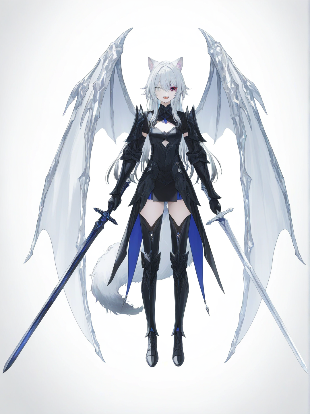[soft-pastel-style] 1girl, silver hair, long hair, cat ears, dragon wings, white wings, large wings, heterochromia, red left eye, blue right eye, smile, fangs, white tail, fluffy tail, black armor, armor cutout, dual wielding, sword sheath, holding sword hilt, genshin impact style, single character, full body, looking at viewer, anime style, simple background, white background