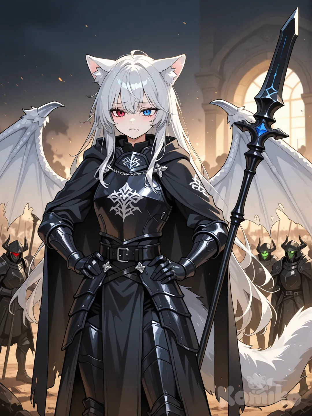 Персонаж: Девушка обладает серебристые длинными по пояс волосами, только с острыми кошачьими ушами и большими крыльями белыми как у дракона. Также у нее есть белый пушистый хвост. Ее глаза разного цвета (гетерохромия): левый глаз красный, правый — синий. На лице видна как она печальна с выступающими клыками.
Элементы: Она держит руки на поясе. 
Она в черный доспех и плащ. И темный посох.
 фон: Изображение выполнено в стиле цифровой живописи, имитирующем аниме, с темным, неясным фоном, фокусирующим внимание на персонажах. Находится на поле битвы и бьётся с демонами, демоны зелёного оттенка