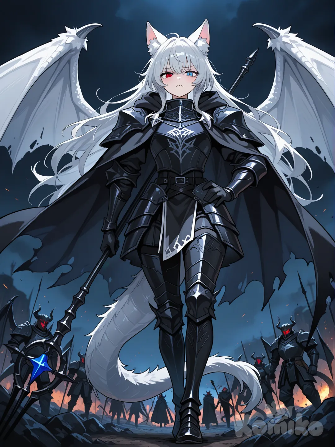 Персонаж: Девушка обладает серебристые длинными по пояс волосами, только с острыми кошачьими ушами и большими крыльями белыми как у дракона. Также у нее есть белый пушистый хвост. Ее глаза разного цвета (гетерохромия): левый глаз красный, правый — синий. На лице видна как она печальна с выступающими клыками.
Элементы: Она держит руки на поясе.
Она в черный доспех и плащ. И темный посох.
фон: Изображение выполнено в стиле цифровой живописи, имитирующем аниме, с темным, неясным фоном, фокусирующим внимание на персонажах. Находится на поле битвы и бьётся против демонов, демоны зелёного оттенка