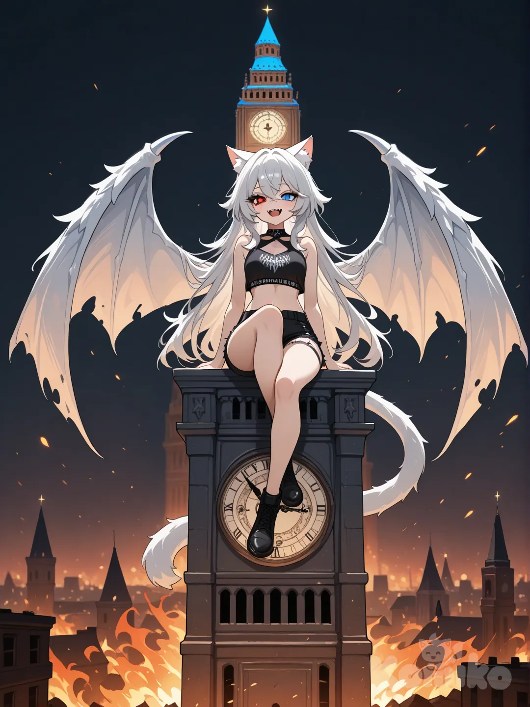 Персонаж: Девушка обладает серебристые длинными по пояс волосами, только с белыми острыми кошачьими ушами и пушистый хвост и большие белые драконьи крылья. Ее глаза разного цвета (гетерохромия): левый глаз красный, правый — синий. На лице видна как она улыбается с выступающими клыками. Элементы: Она опустила руки вниз. Она на ней маленький черный топ и маленькие черные шорты. фон: Изображение выполнено в стиле цифровой живописи, имитирующем аниме, с темным, неясным фоном, фокусирующим внимание на персонажах. Москва, Сидит на часах красного кремля и наблюдает как демоны бесчинствуют везде пожар и разгром, в полный рост, Genshin Impact