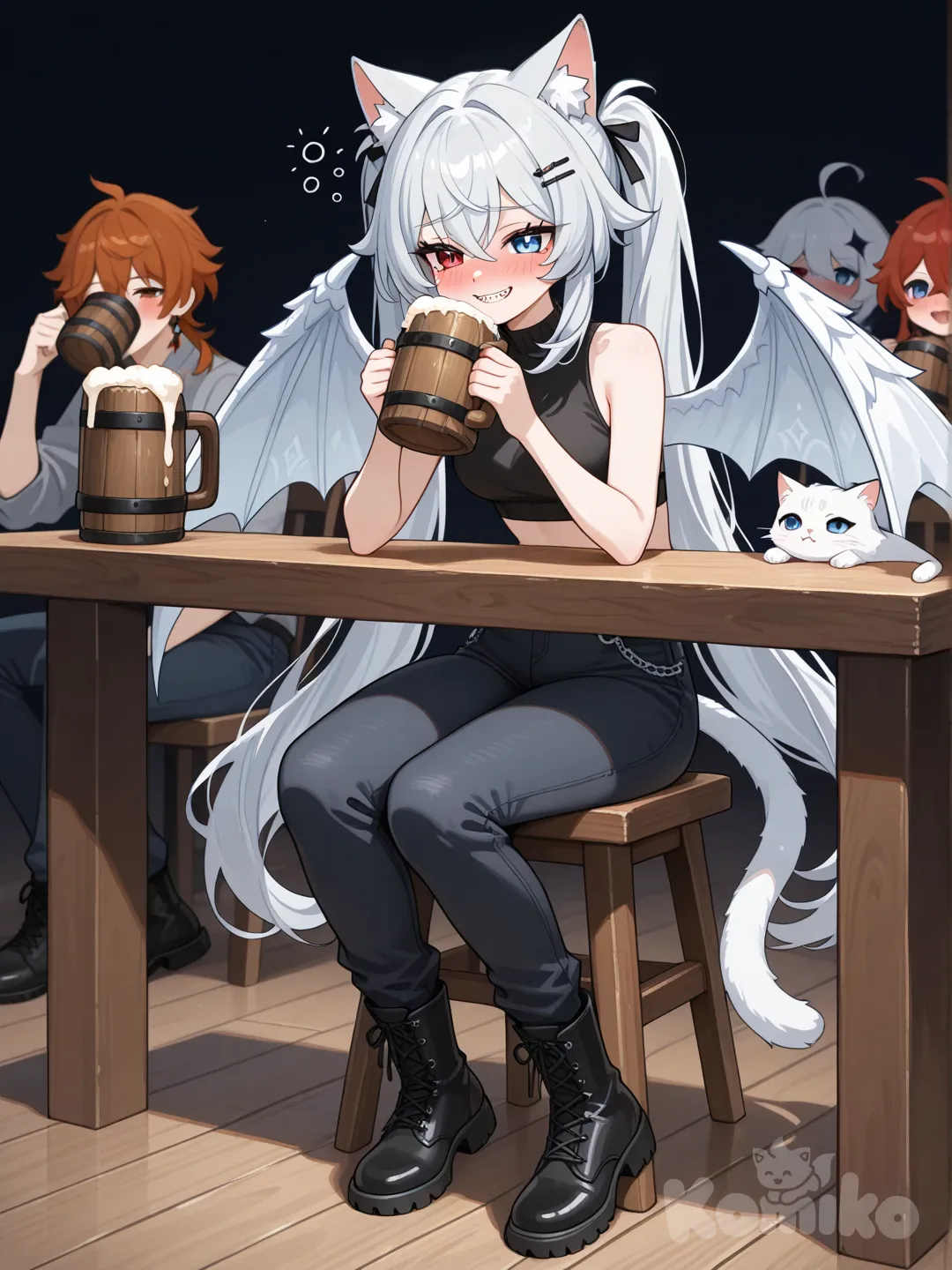 Персонаж: Девушка обладает серебристые длинными по пояс волосами, собраны в два хвостика, только с белыми острыми кошачьими ушами и пушистый хвост и большие белые драконьи крылья. Ее глаза разного цвета (гетерохромия): левый глаз красный, правый — синий. На лице видна как она улыбается с выступающими клыками. Элементы: Она опустила руки вниз. на ней маленький черный топ и черные джинсы, 2 шпильки в волосах, черные берцы. фон: Изображение выполнено в стиле цифровой живописи, имитирующем аниме, с темным, неясным фоном, фокусирующим внимание на персонажах. Сидит за столом упивается алкоголем из деревянных кружек, а её друзья пытаются её остановить, в полный рост, Genshin Impact