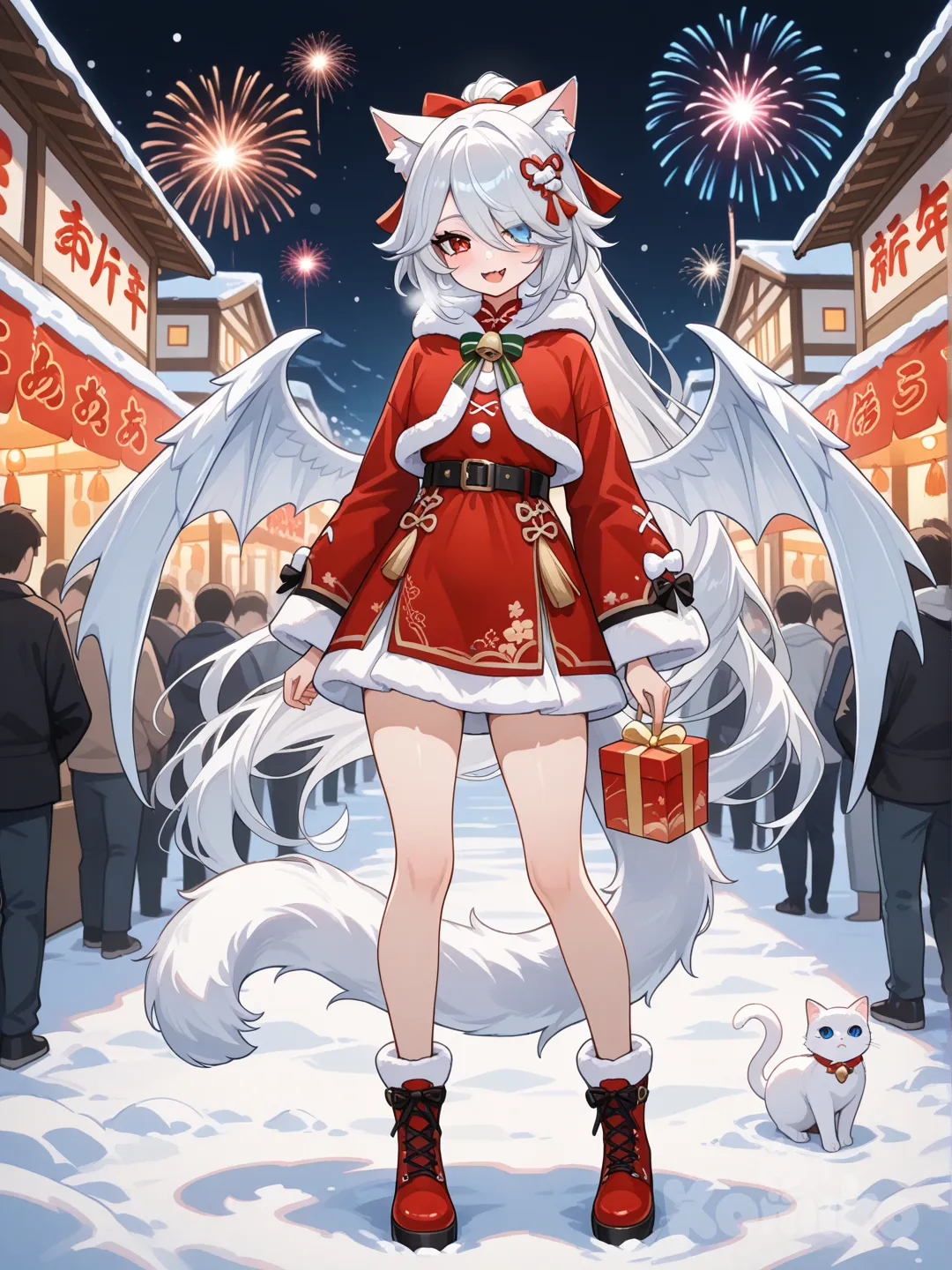 Персонаж: Девушка обладает серебристые длинными по пояс волосами собраны в хвост, только с белыми острыми кошачьими ушами и пушистый хвост, большие белые драконьи крылья. Ее глаза разного цвета (гетерохромия): левый глаз красный, правый — синий. На лице видна как она улыбается с выступающими клыками. Элементы: Она опустила руки вниз. Она на ней новогодний наряд в волосах. фон: Изображение выполнено в стиле цифровой живописи, имитирующем аниме, с темным, неясным фоном, фокусирующим внимание на персонажах. Находится в деревушке новогодний фестиваль, повсюду жители веселятся, она в руках держит подарки, ноги прямые, одна нога в растоянии 20 см. от другой, в полный рост, в стиле Genshin Impact