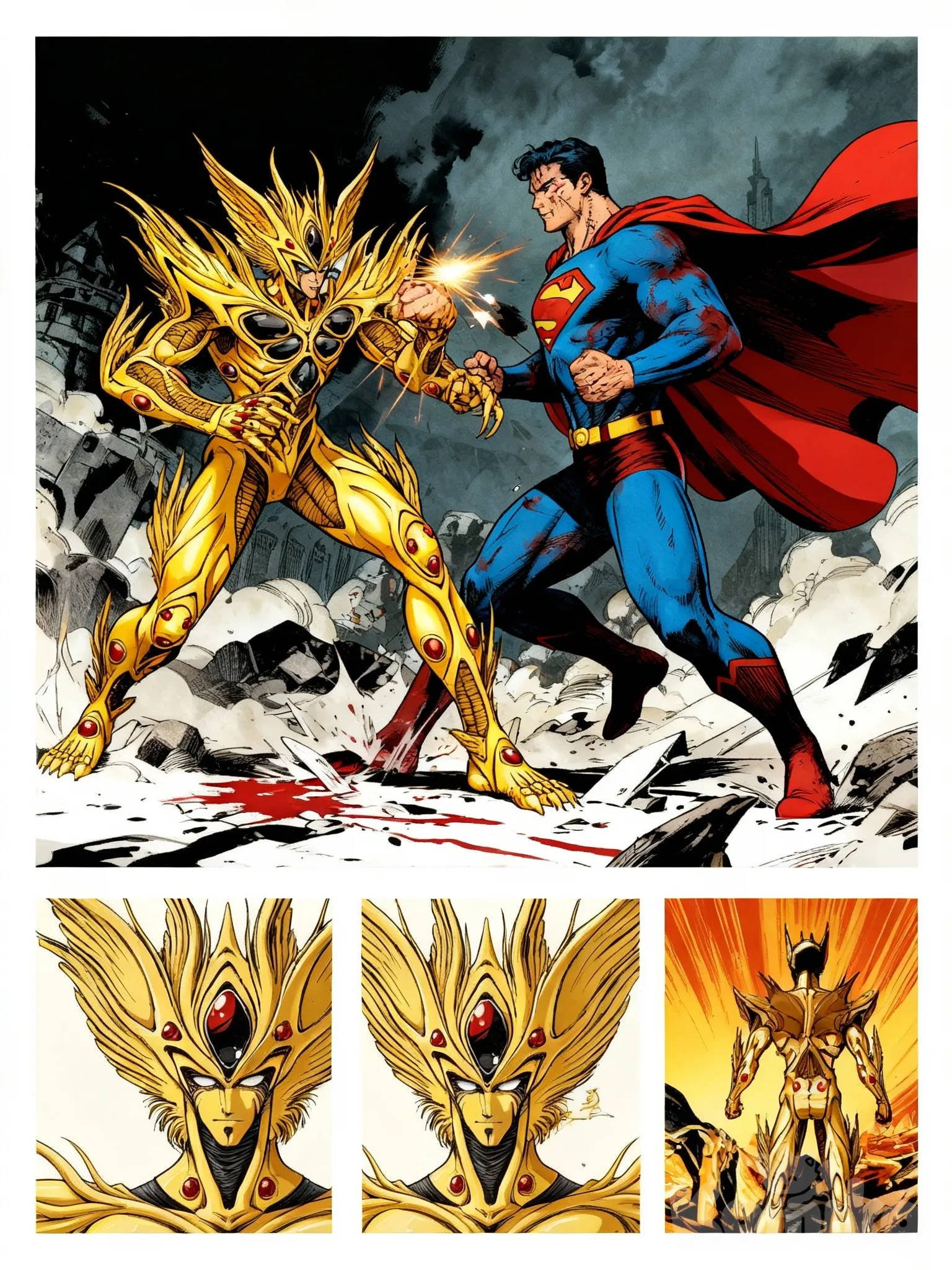 alkanphel zoalord, del anime manga guyver , en una pelea intercambiando golpes con superman , superman estara herido lastimado por los golpes de alkanphel