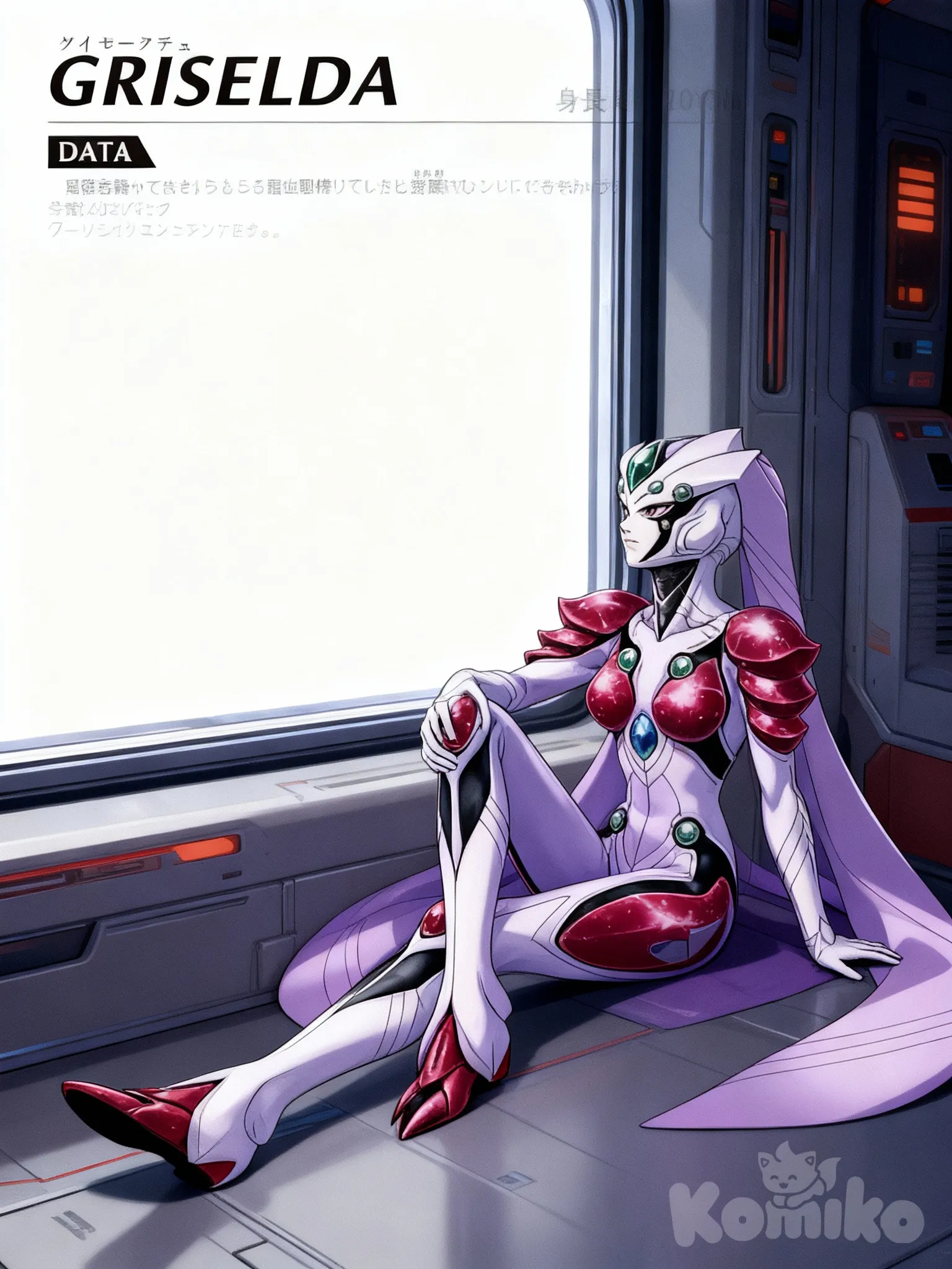 dibuja al personaje griselda sentada junto a una ventana dentro de una nave espacial , una de las piernas cae al suelo la otra esta doblada dejando la rodilla a la altura del pecho