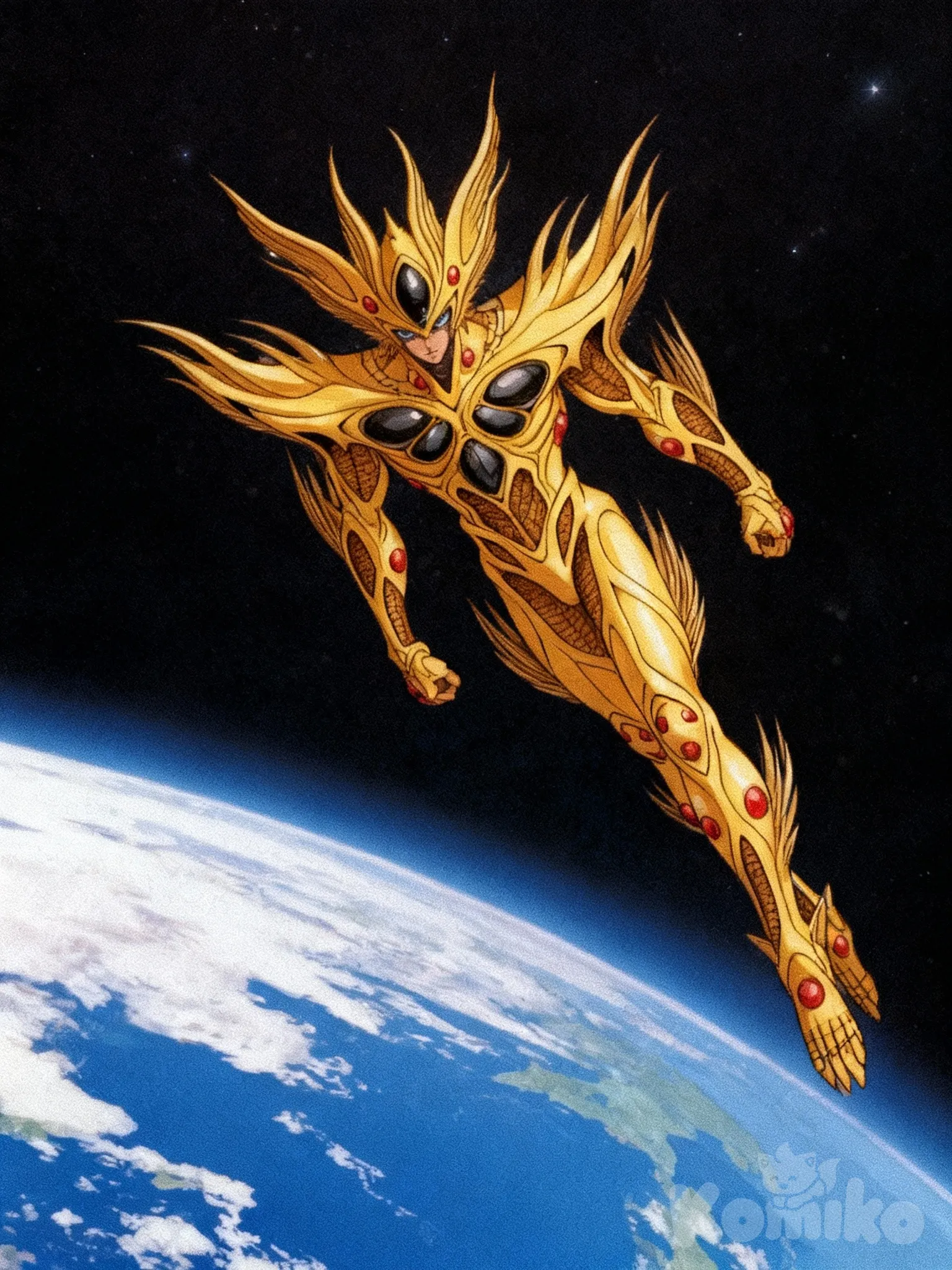 [retro-anime-style]alkanphel volando de la tierra al espacio visto en un angulo contrapicado